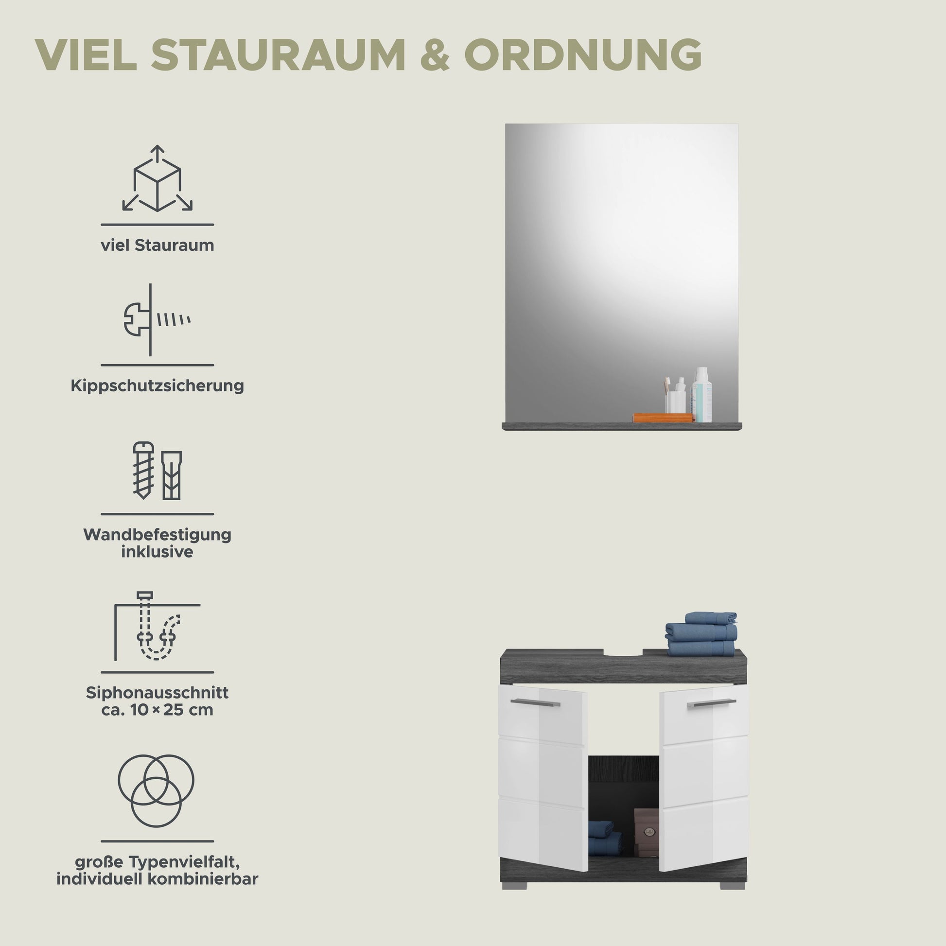 Infografik zu Stauraum und Ordnung: Kippschutz, Wandbefestigung und Sipho-Wertangaben