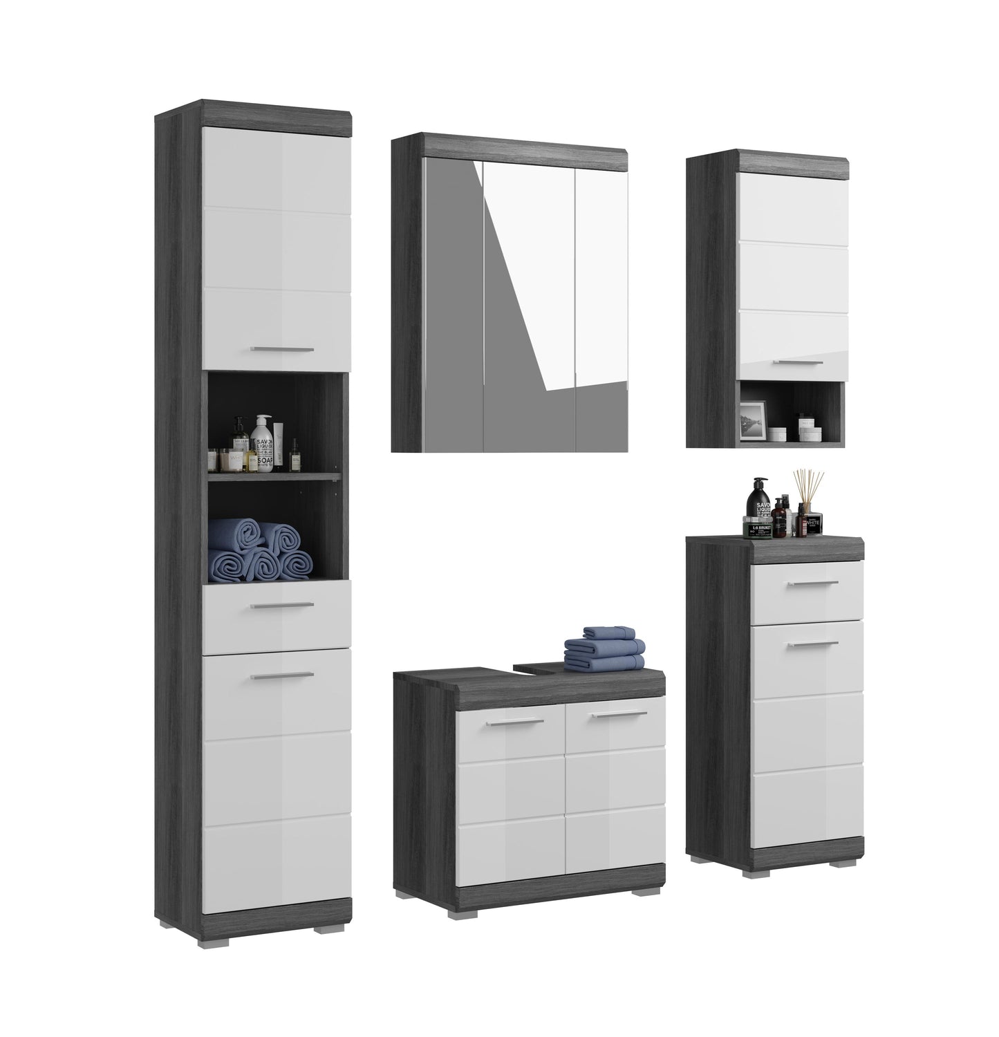 Badezimmerset mit Hochschrank, Spiegelschrank und Unterschrank, grau und weiß