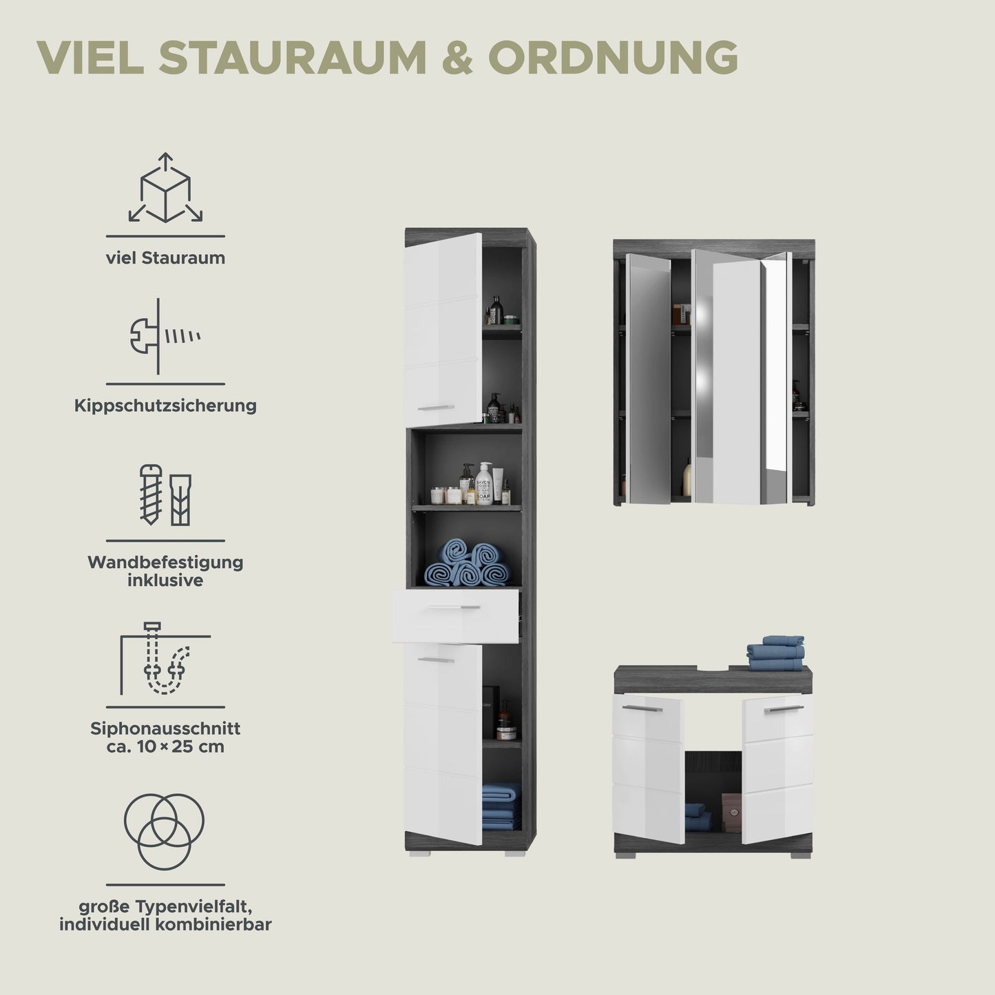 Badezimmerset 3-teilig mit Spiegelschrank und Hochschrank sowie Waschtischunterschrank, weiß