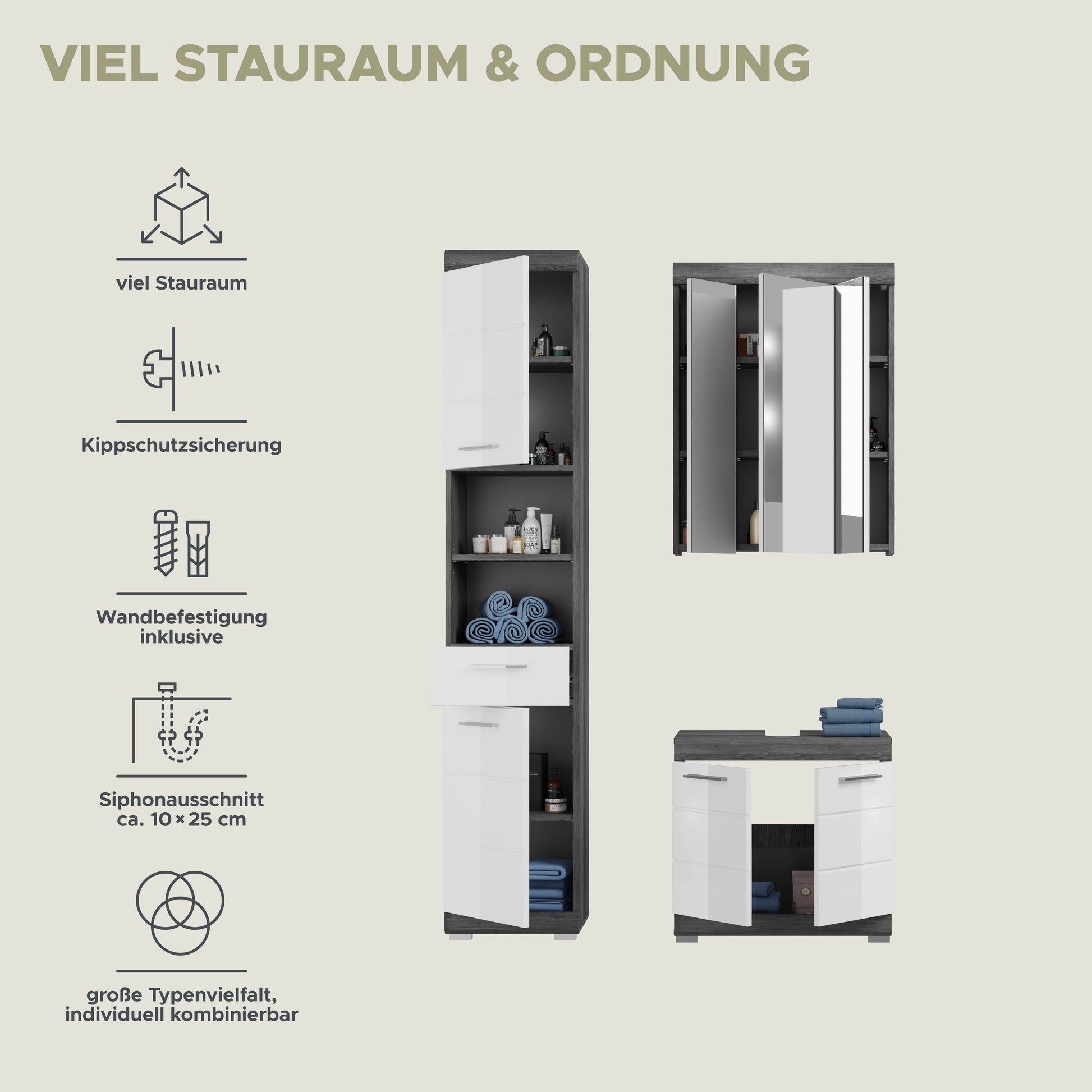 Badezimmerset 3-teilig mit Spiegelschrank und Hochschrank sowie Waschtischunterschrank, weiß