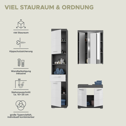 Badezimmerset 3-teilig mit Spiegelschrank und Hochschrank sowie Waschtischunterschrank, weiß