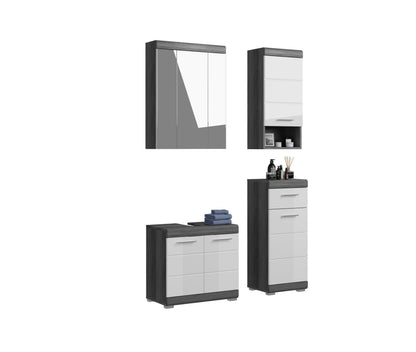 Badezimmerset mit Spiegeln, Waschtischunterschrank und Hochschrank, grau-weiß