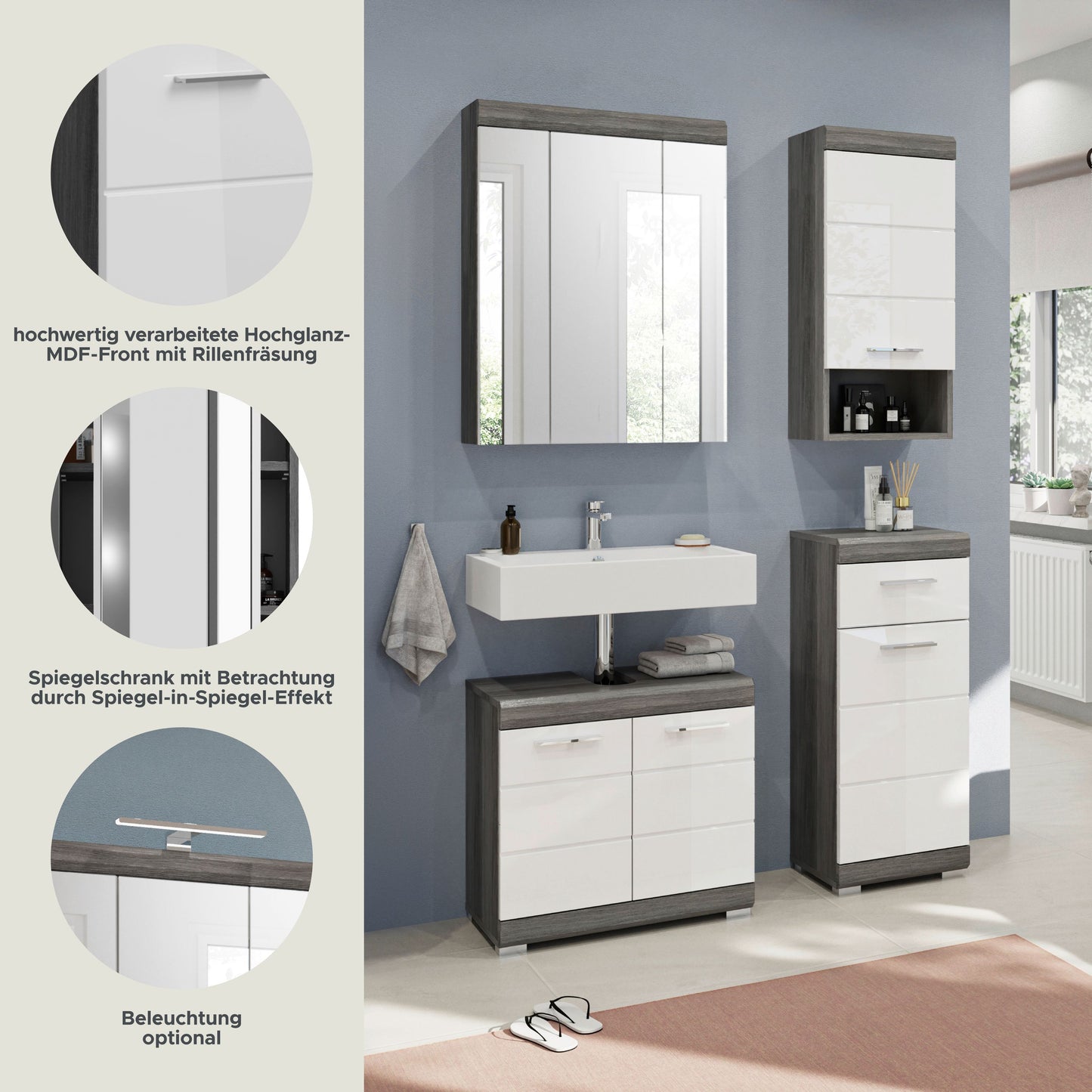 Badezimmerset mit Spiegelschrank und hochglänzenden Fronten, Waschtisch und Hochschrank