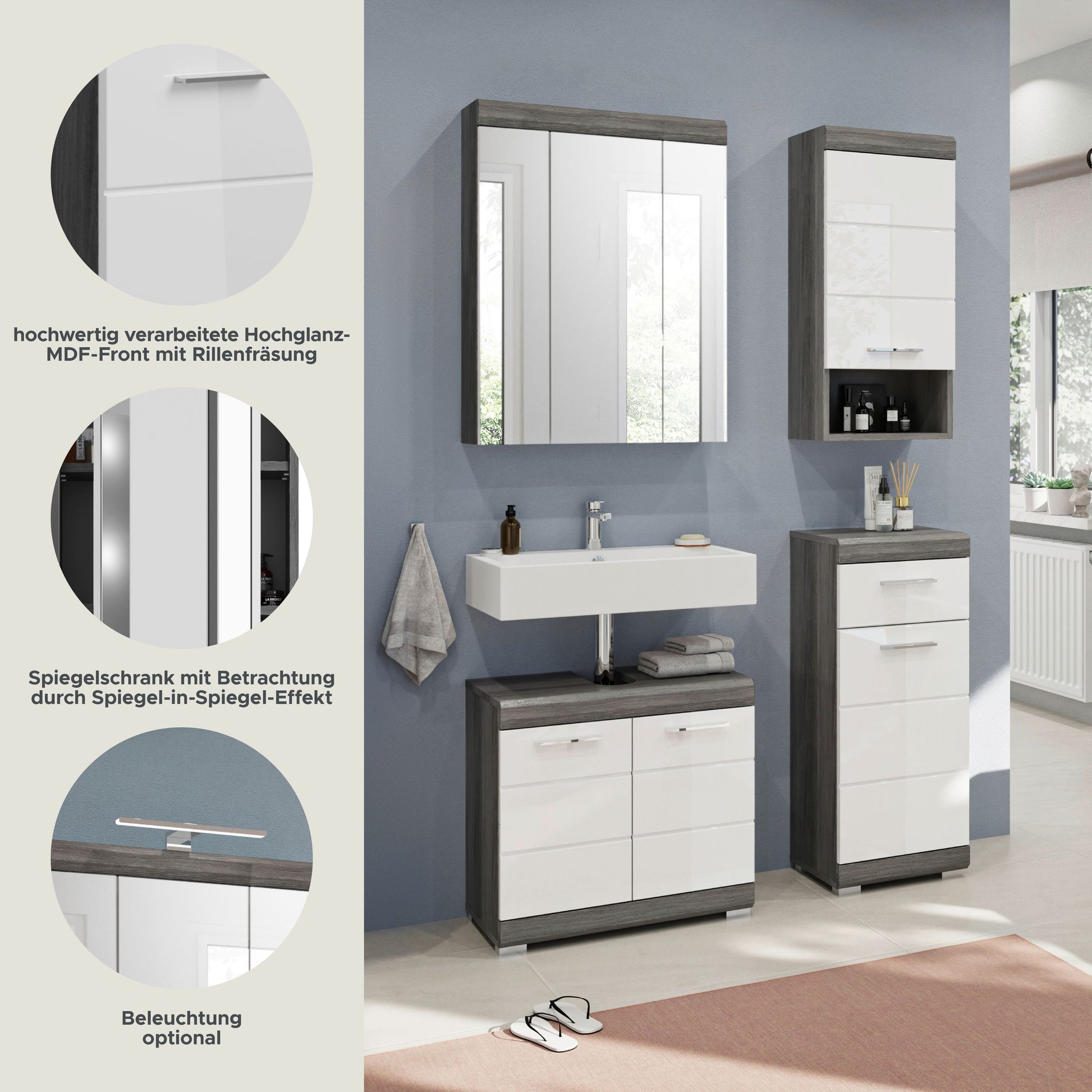 Badezimmerset mit Spiegelschrank und hochglänzenden Fronten, Waschtisch und Hochschrank