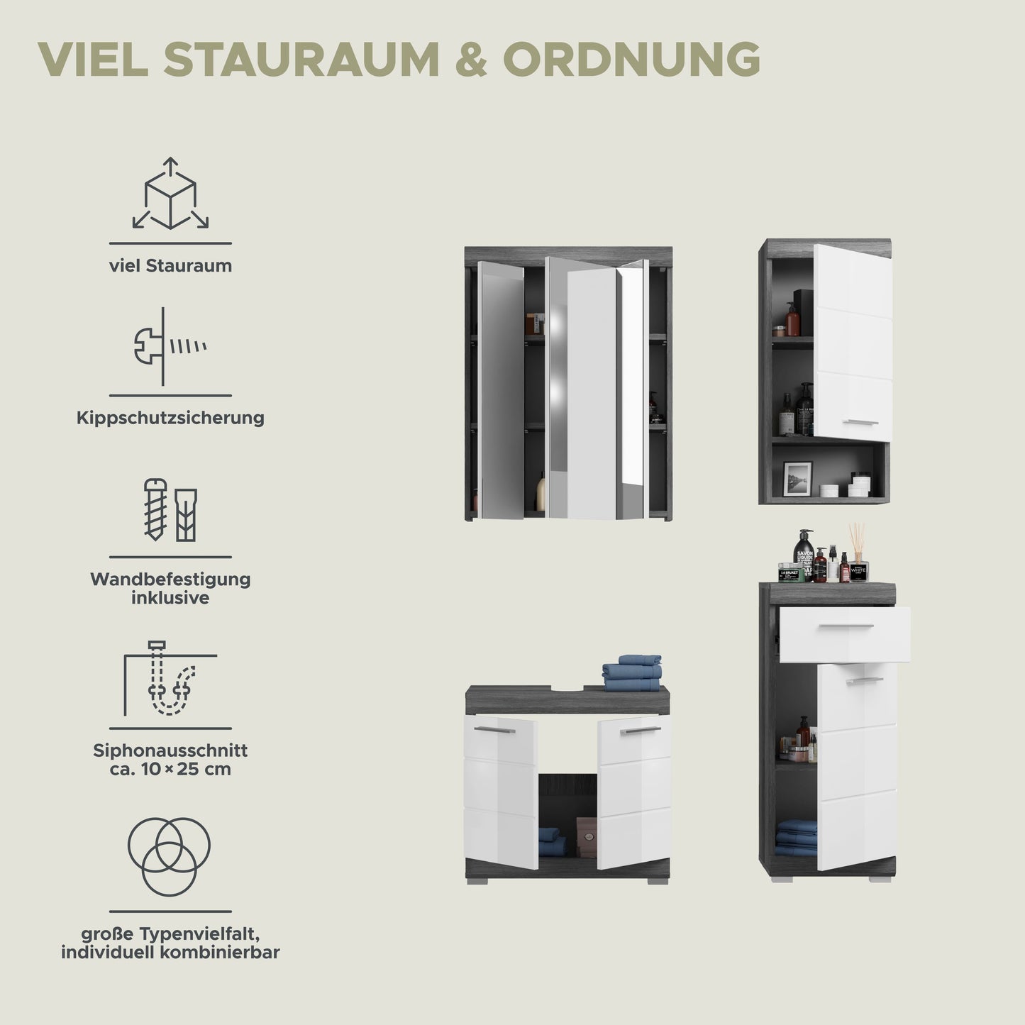 Badezimmerset Infografik: viel Stauraum mit Kippschutz, Wandbefestigung und Sicherung