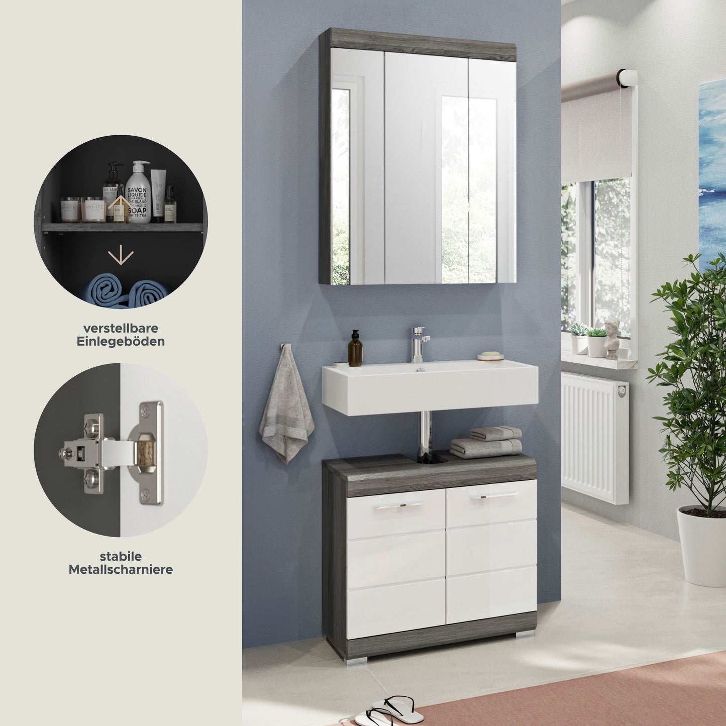 Badezimmerset mit Spiegelschrank, weißem Waschbecken und dunklem Unterschrank mit Schubladen