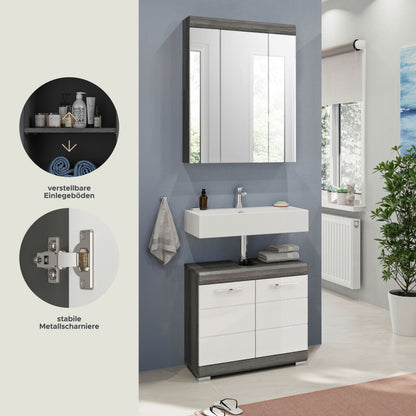 Badezimmerset mit Spiegelschrank, weißem Waschbecken und dunklem Unterschrank mit Schubladen