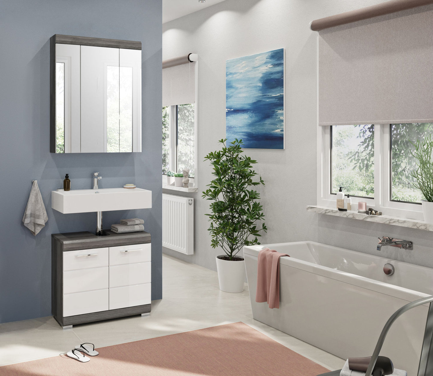 Badezimmerset im Set-Look: Spiegelschrank und Waschtischschrank mit Eichedekor-Elementen