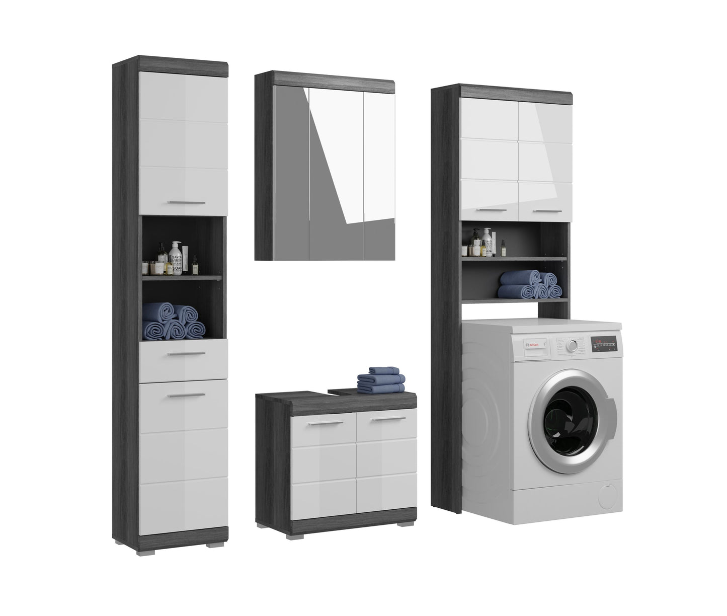 Badezimmermöbel-Set in Grau und Weiß: Hochschrank, Spiegel, Waschtisch mit Stauräumen