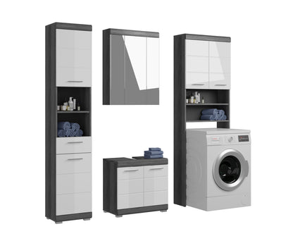 Badezimmermöbel-Set in Grau und Weiß: Hochschrank, Spiegel, Waschtisch mit Stauräumen