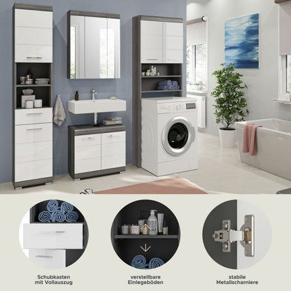 Badezimmerset mit Waschbecken-Unterschrank, Hochschrank und Spiegelschrank