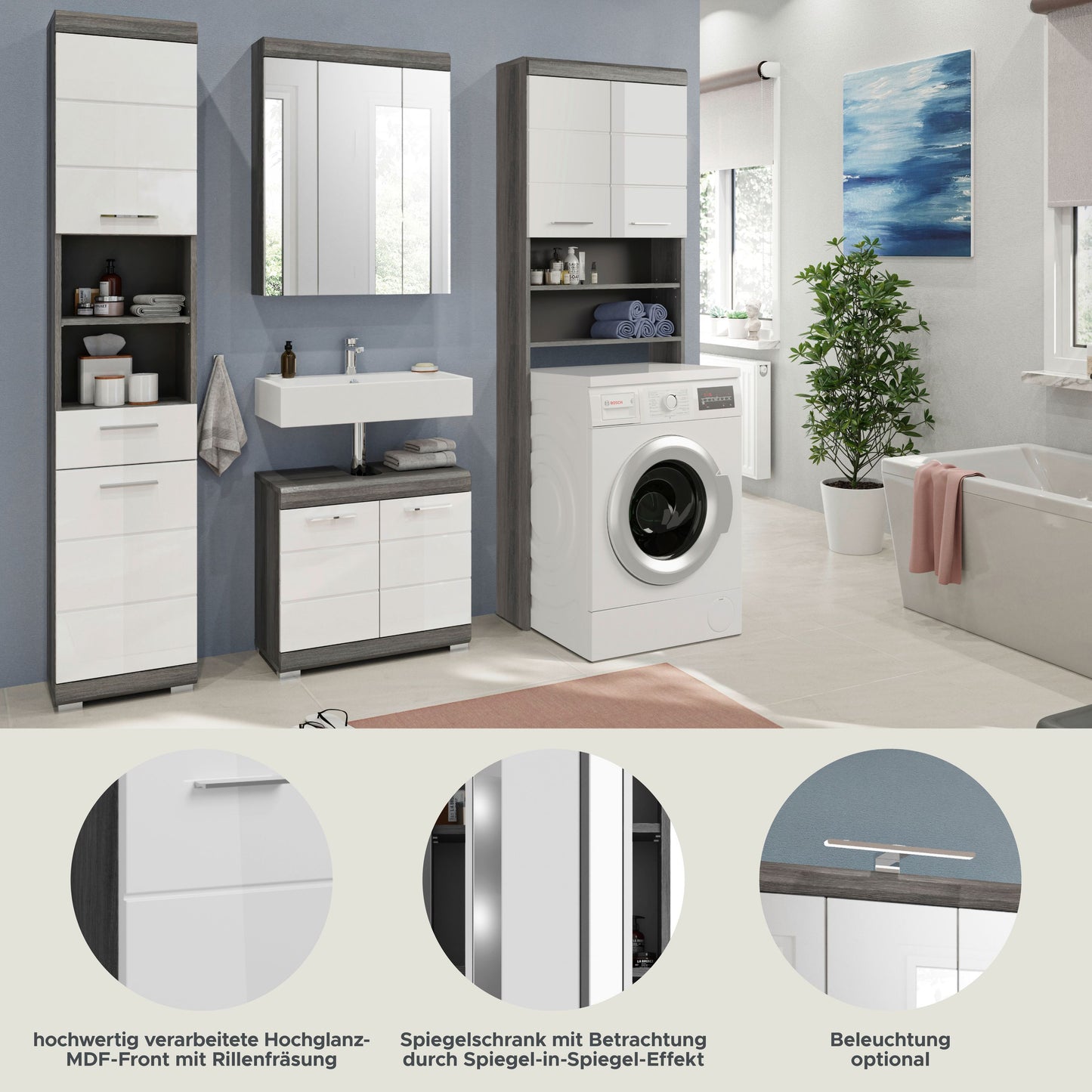 Badezimmerset mit glänzender Front, Spiegelschrank und Waschbecken-Unterschrank