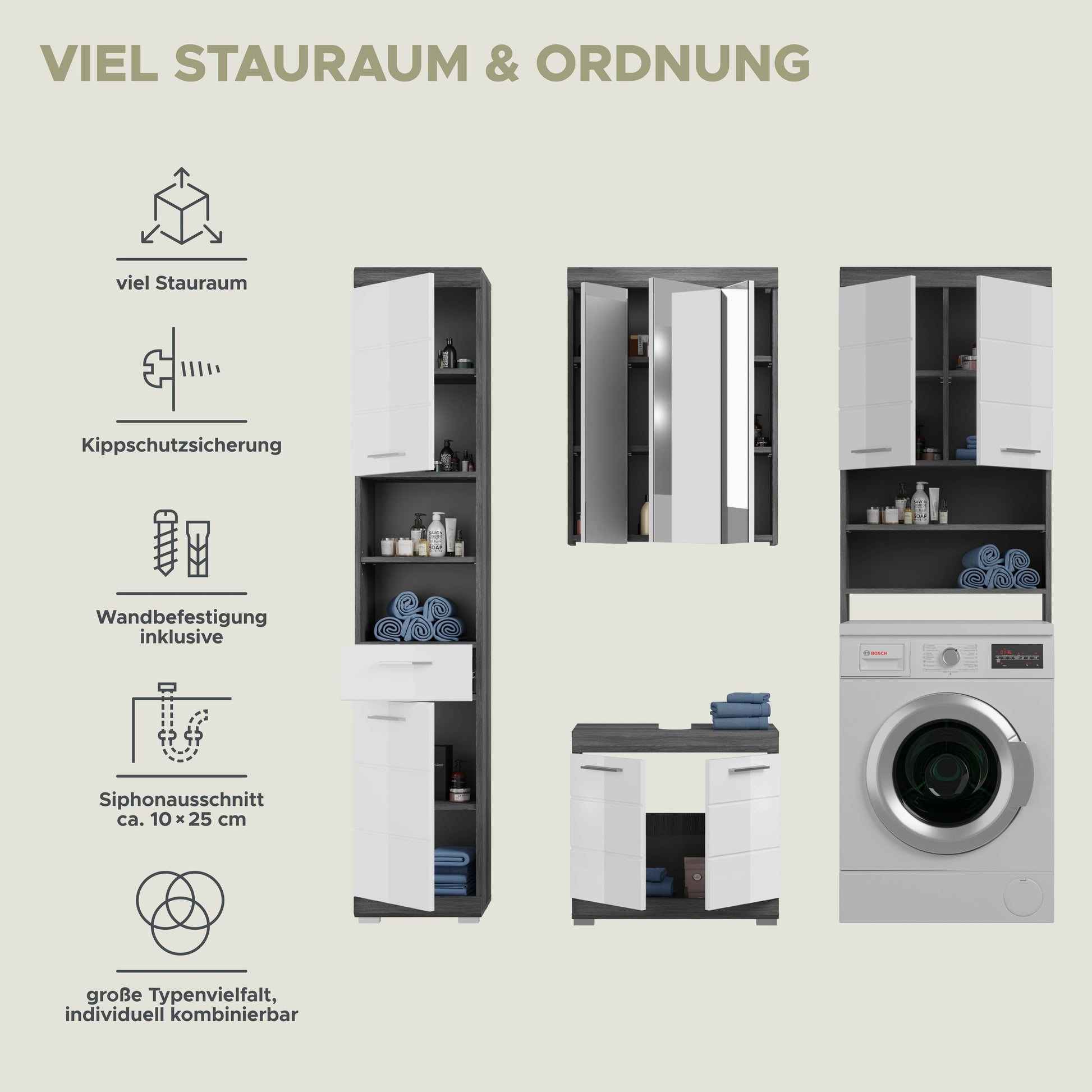 Badezimmerschrank-Set mit Konstruktionsdetails, mehreren Modulen und Waschmaschine
