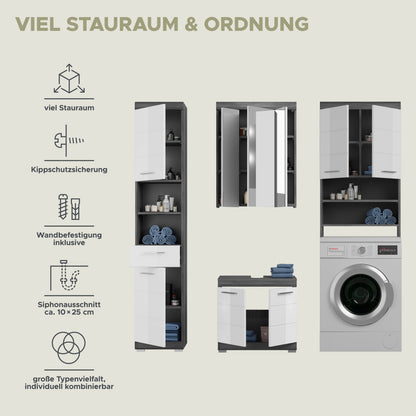 Badezimmerschrank-Set mit Konstruktionsdetails, mehreren Modulen und Waschmaschine