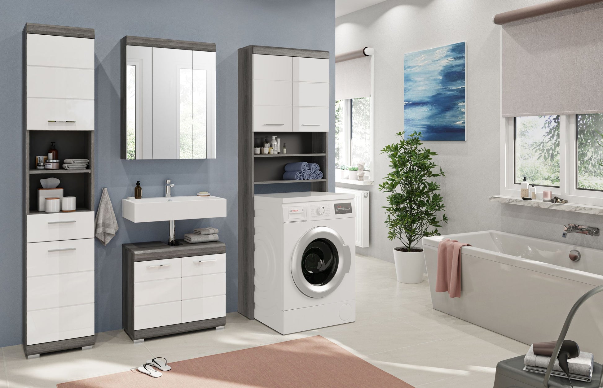 Badezimmer-Set in Weiß und Grau mit Spiegelschrank, Waschbecken, Hochschrank und Waschmaschine