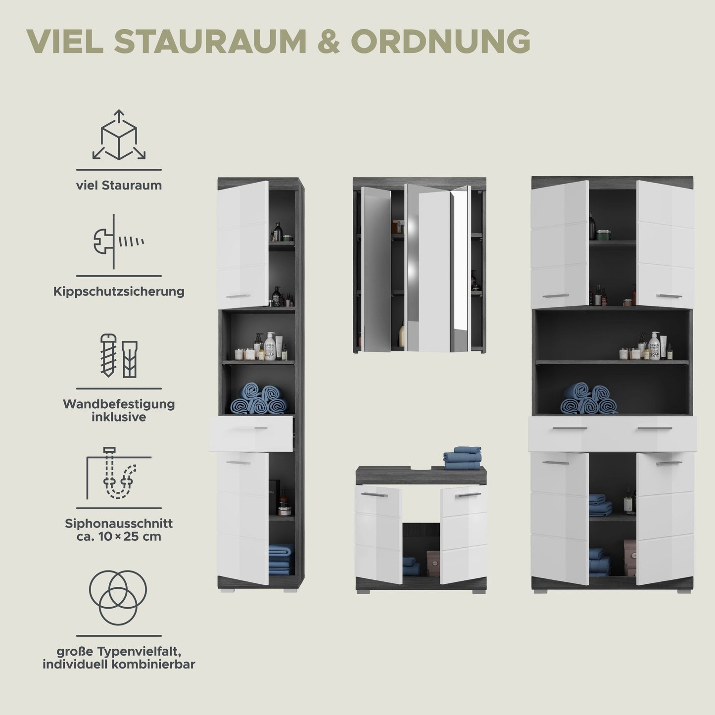 4-tlg. Badezimmerset mit Spiegelschrank, Hochschrank und Waschkommode in Weiß