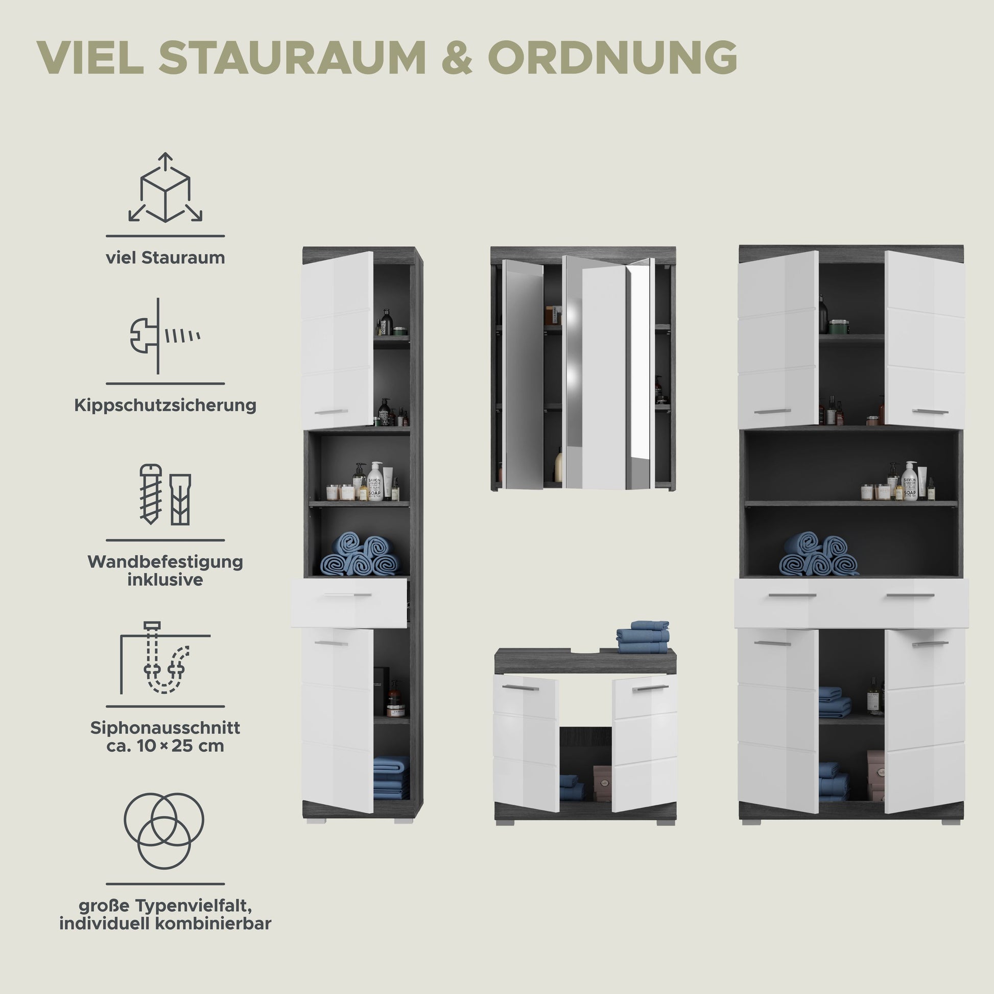 4-tlg. Badezimmerset mit Spiegelschrank, Hochschrank und Waschkommode in Weiß