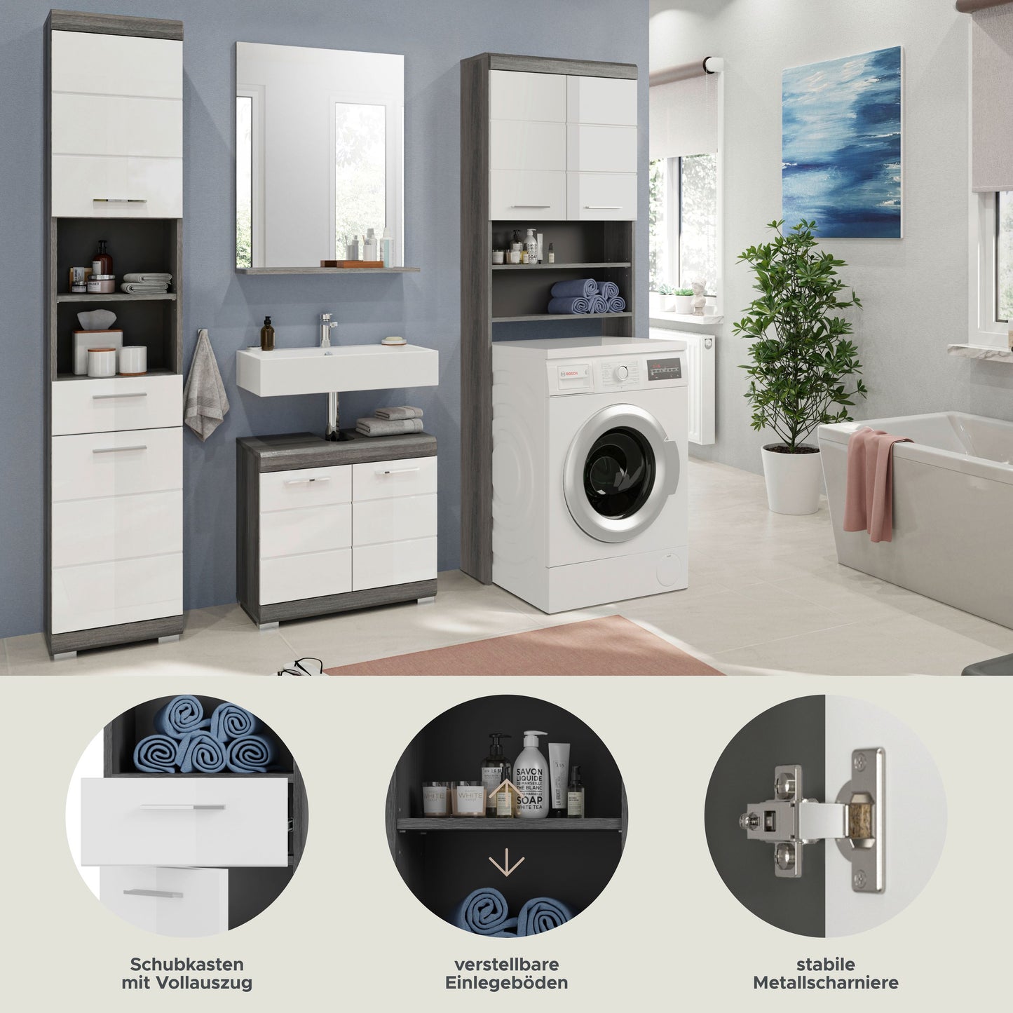 Homes & Jones Badezimmerset 4tlg., Badezimmer Set mit Waschmaschinenschrank