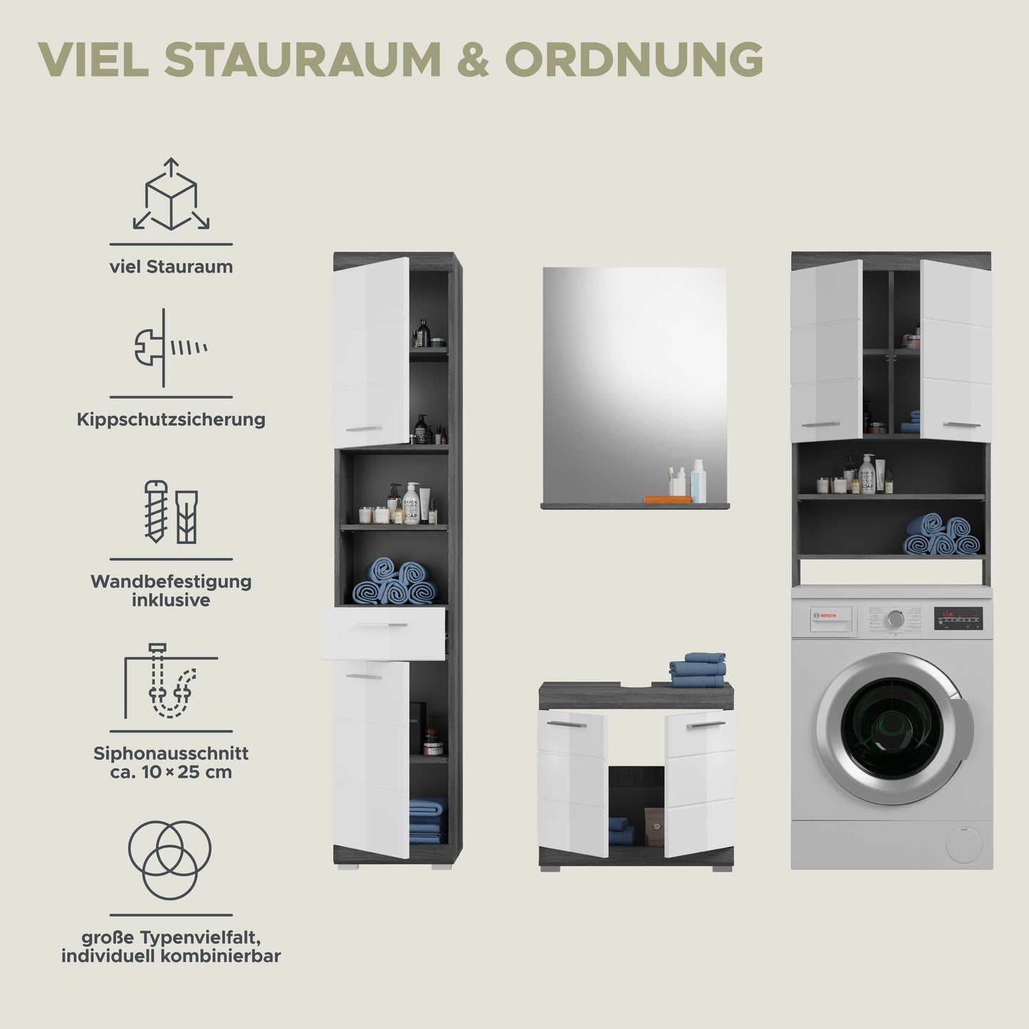 Homes & Jones Badezimmerset 4tlg., Badezimmer Set mit Waschmaschinenschrank