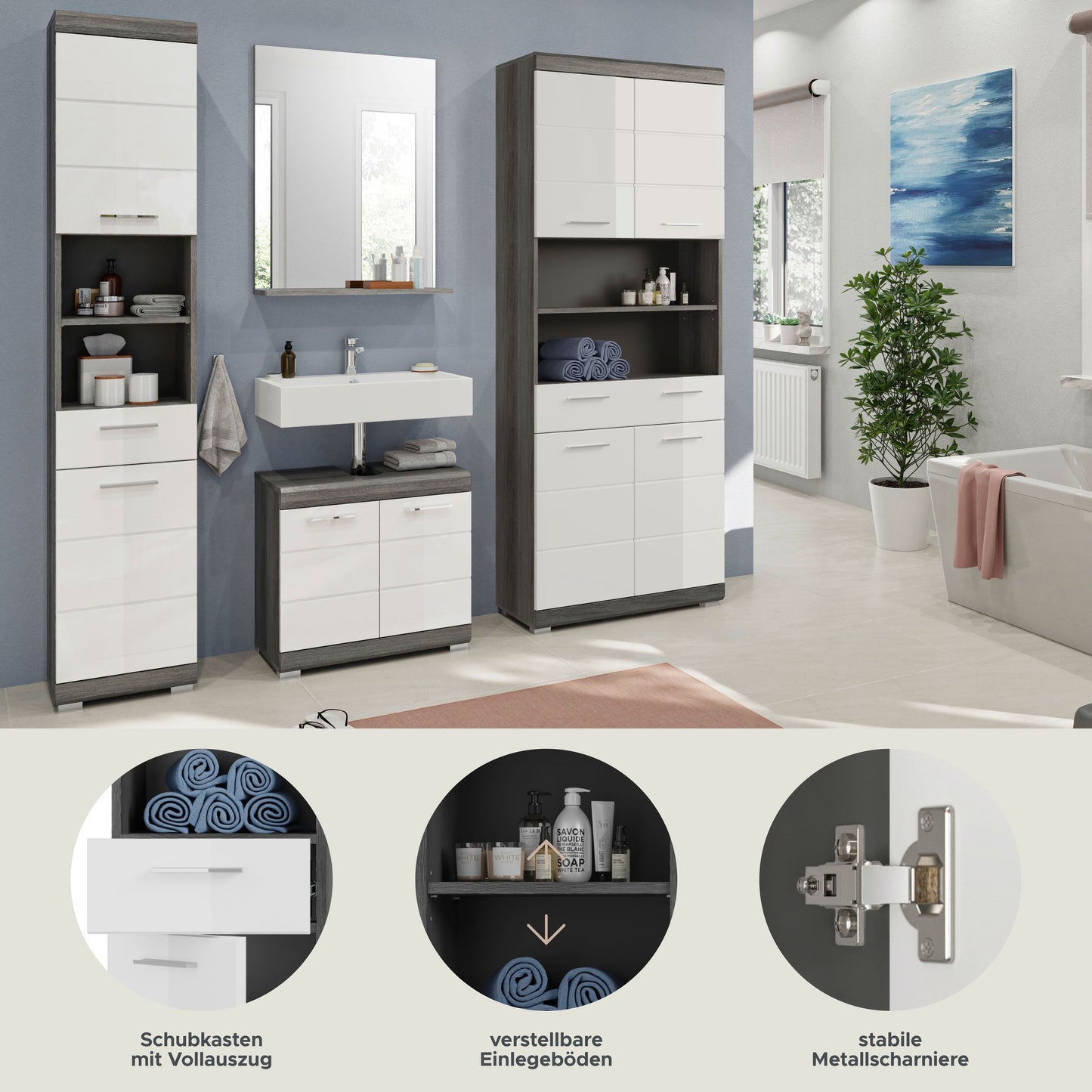 Homes & Jones Badezimmerset 4tlg., Badezimmer Set mit Midi Badezimmerschrank