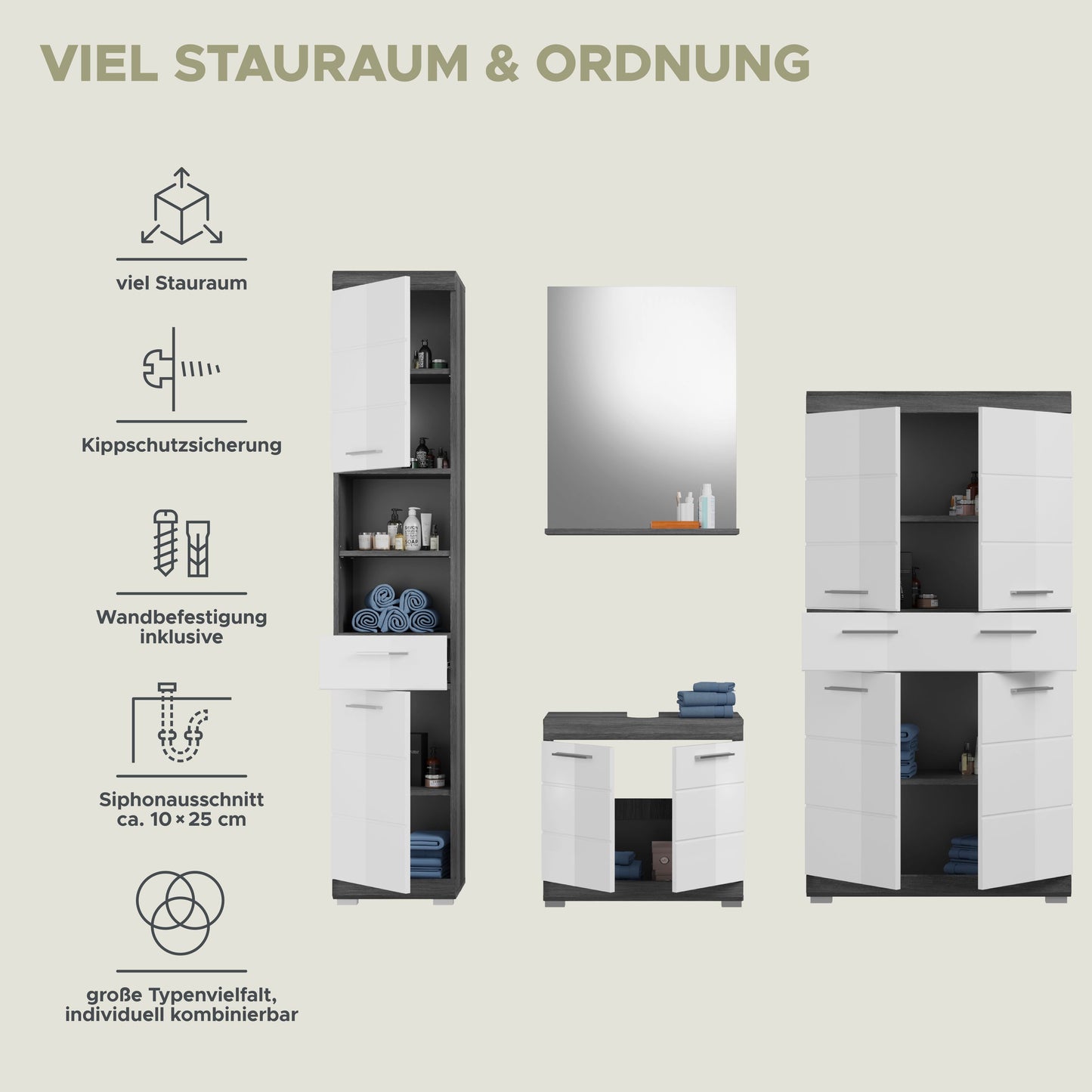 Homes & Jones Badezimmerset 4tlg., Badezimmer Set mit  Schränken und  Spiegel