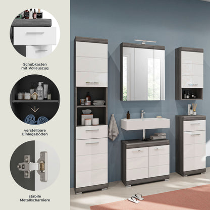 Komplettes Badezimmer-Set mit Spiegel, Spiegelschrank, Hochschränken und Waschbeckenunterschrank in weiß