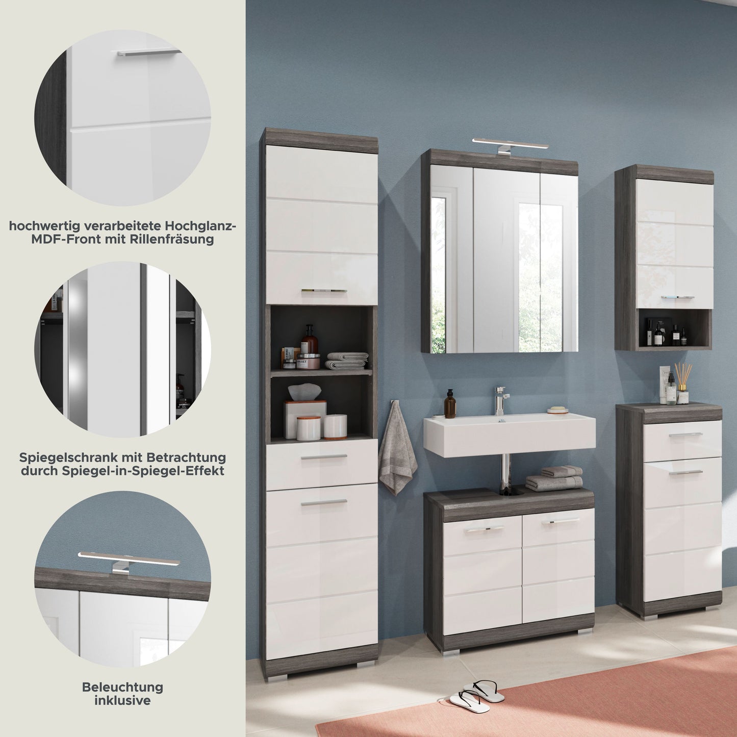 Badezimmer-Set mit beleuchtetem Spiegelschrank und Spiegel, Hochschränken und weißem Waschtisch