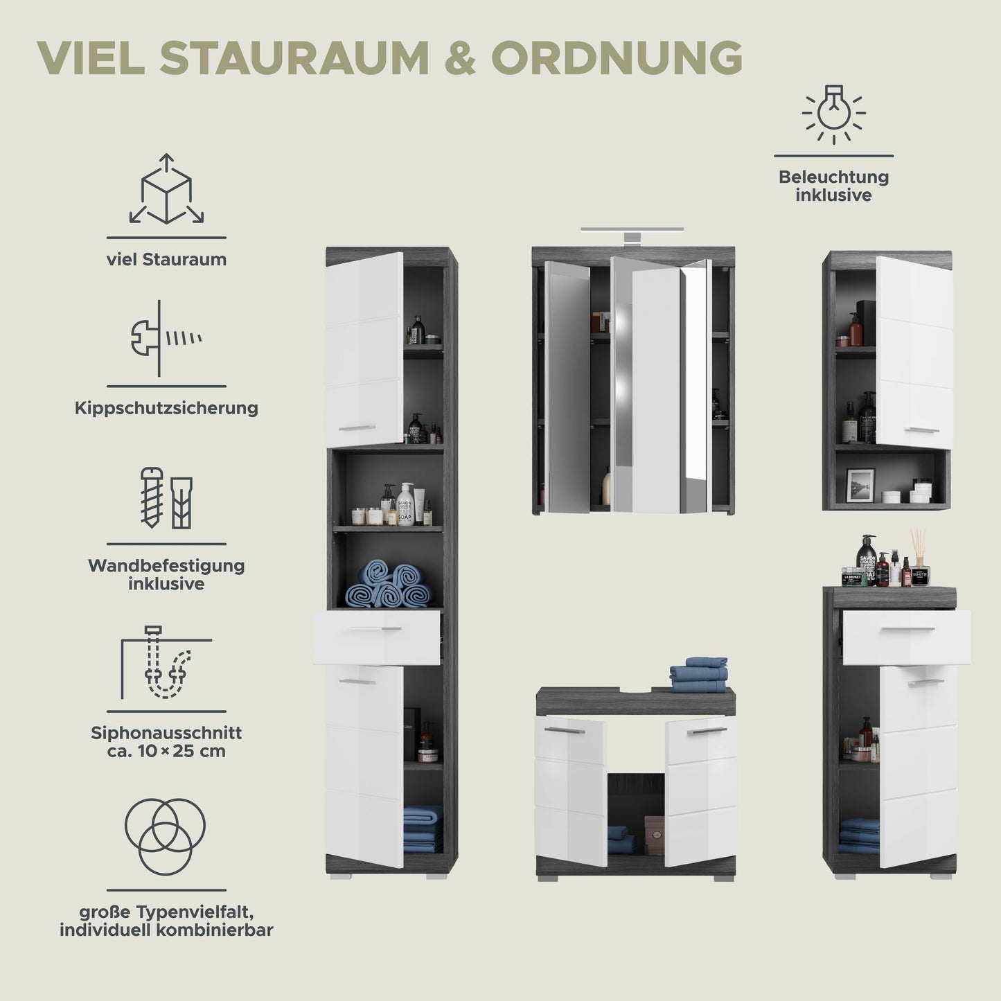 Badezimmer-Set mit beleuchteter Spiegelfläche, Hochschrank, Unterschrank und Hängeschrank in weiß