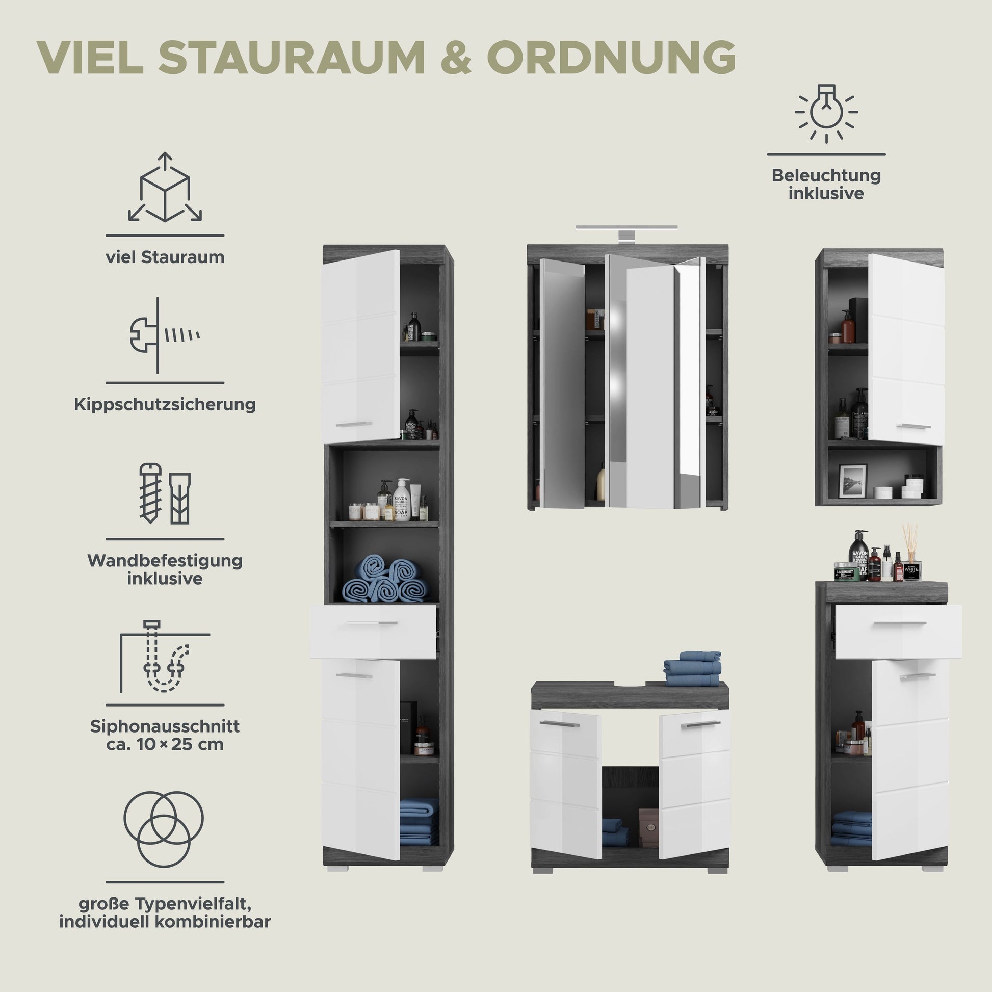 Badezimmer-Set mit beleuchteter Spiegelfläche, Hochschrank, Unterschrank und Hängeschrank in weiß