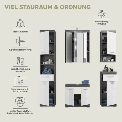 Badezimmer-Set mit beleuchteter Spiegelfläche, Hochschrank, Unterschrank und Hängeschrank in weiß