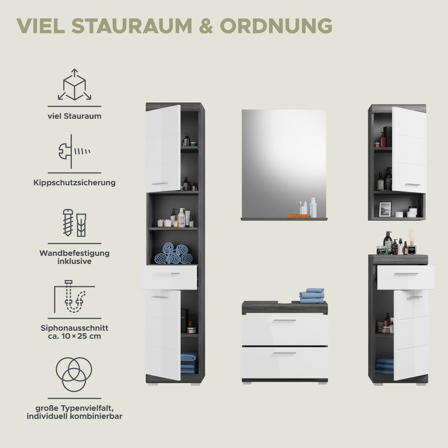 Homes & Jones Badezimmerset 5-tlg., Badezimmer Set mit Badschränken und Spiegel