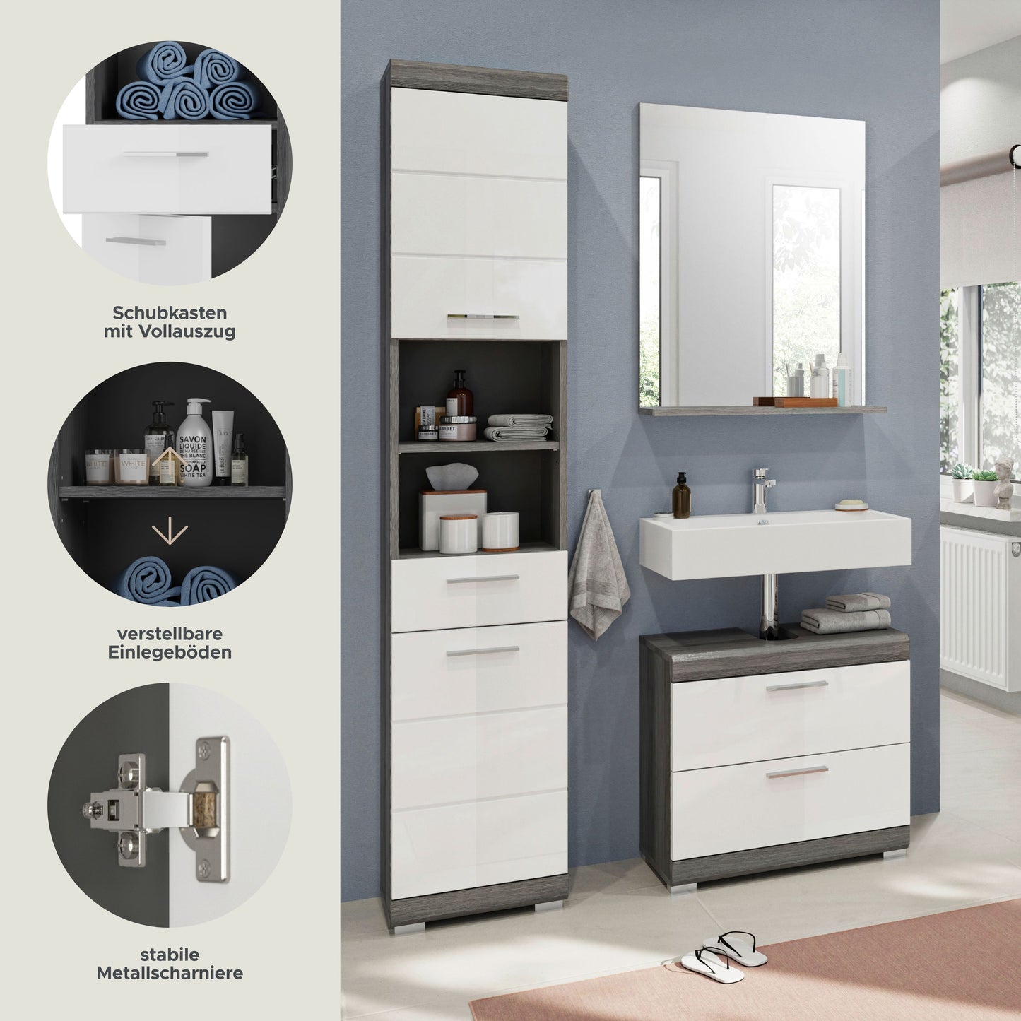 Homes & Jones Badezimmerset 3-tlg., Badezimmer Set mit Badschränken und Spiegel