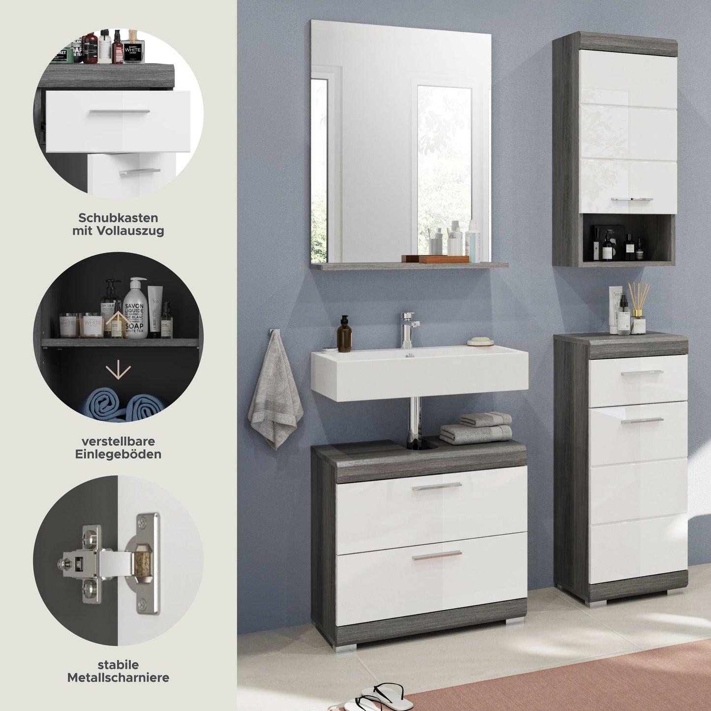 Homes & Jones Badezimmerset 4-tlg., Badezimmer Set mit Badschränken und Spiegel