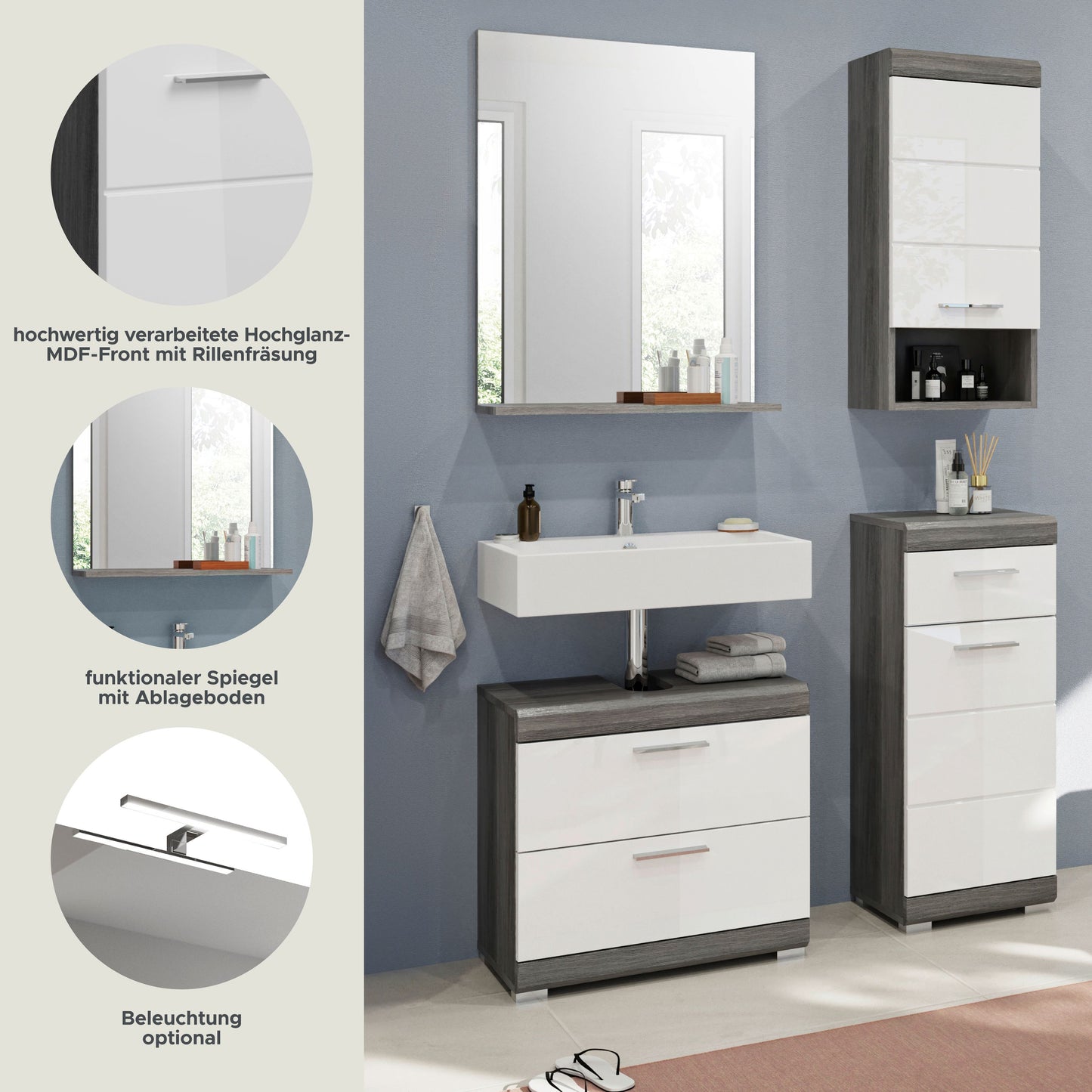 Homes & Jones Badezimmerset 4-tlg., Badezimmer Set mit Badschränken und Spiegel