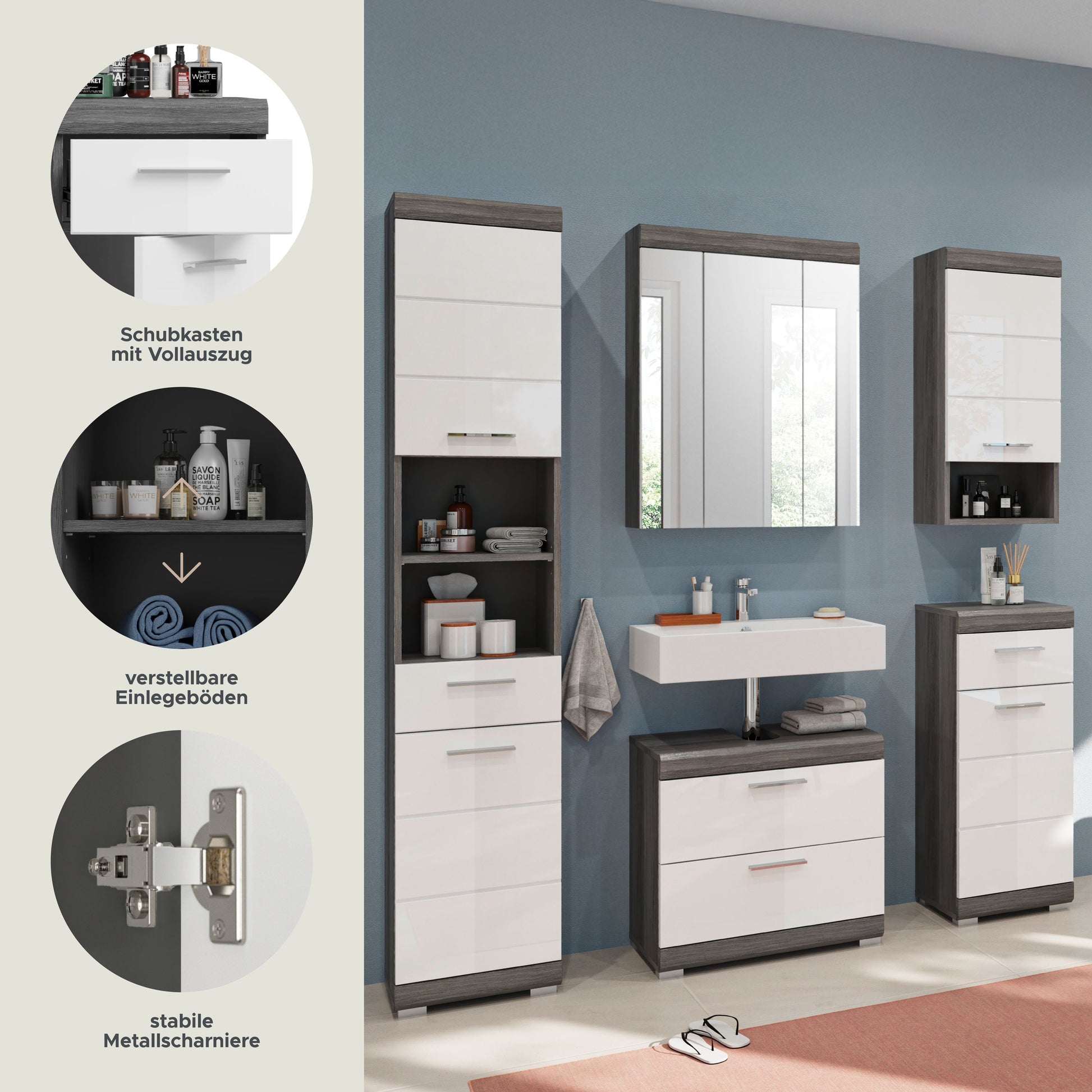 Badezimmerschrank mit Schubkästen und verstellbaren Einlegeböden, Metallscharniere