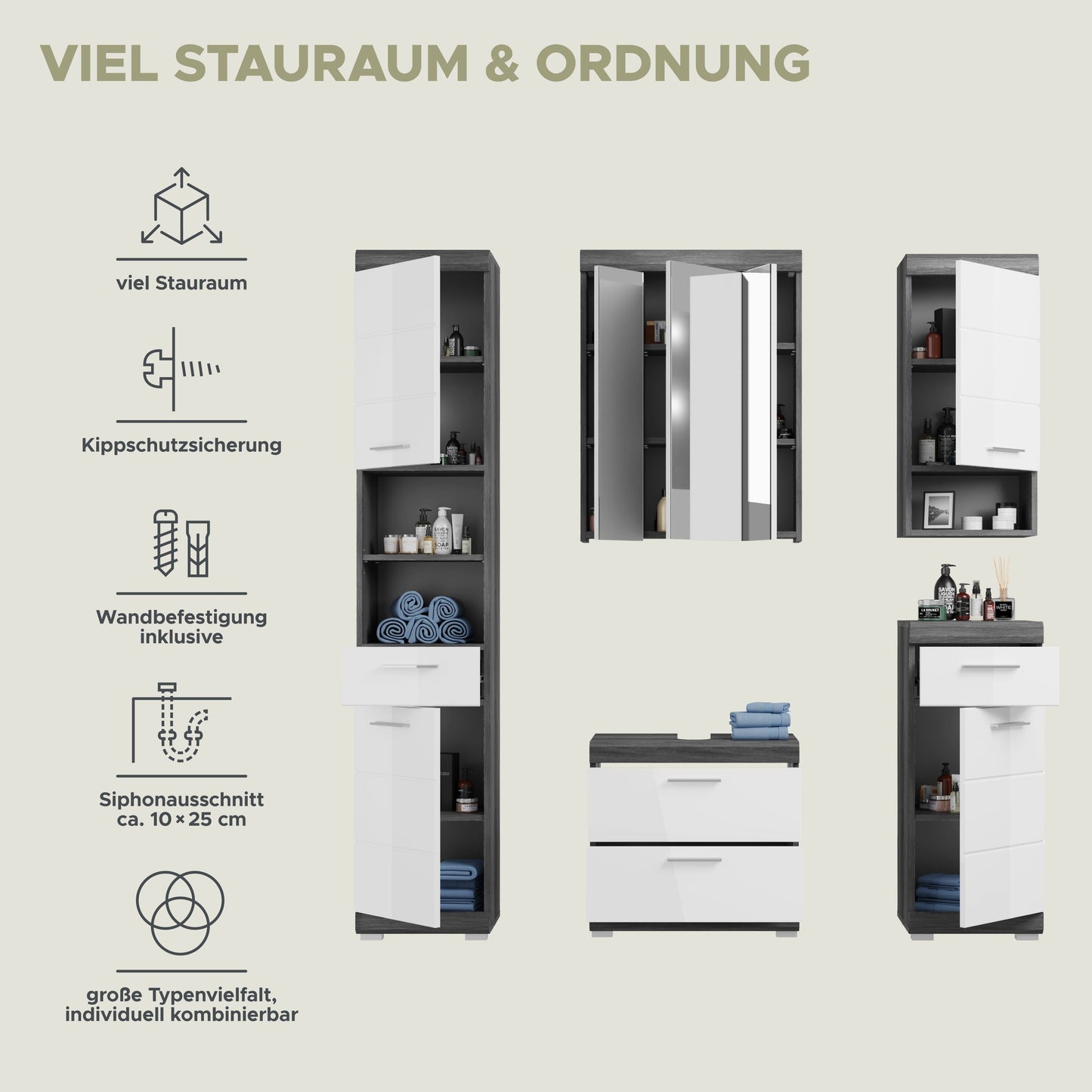 Badmöbel-Set mit viel Stauraum: hohe Schränke, Türen und Einlegefächer