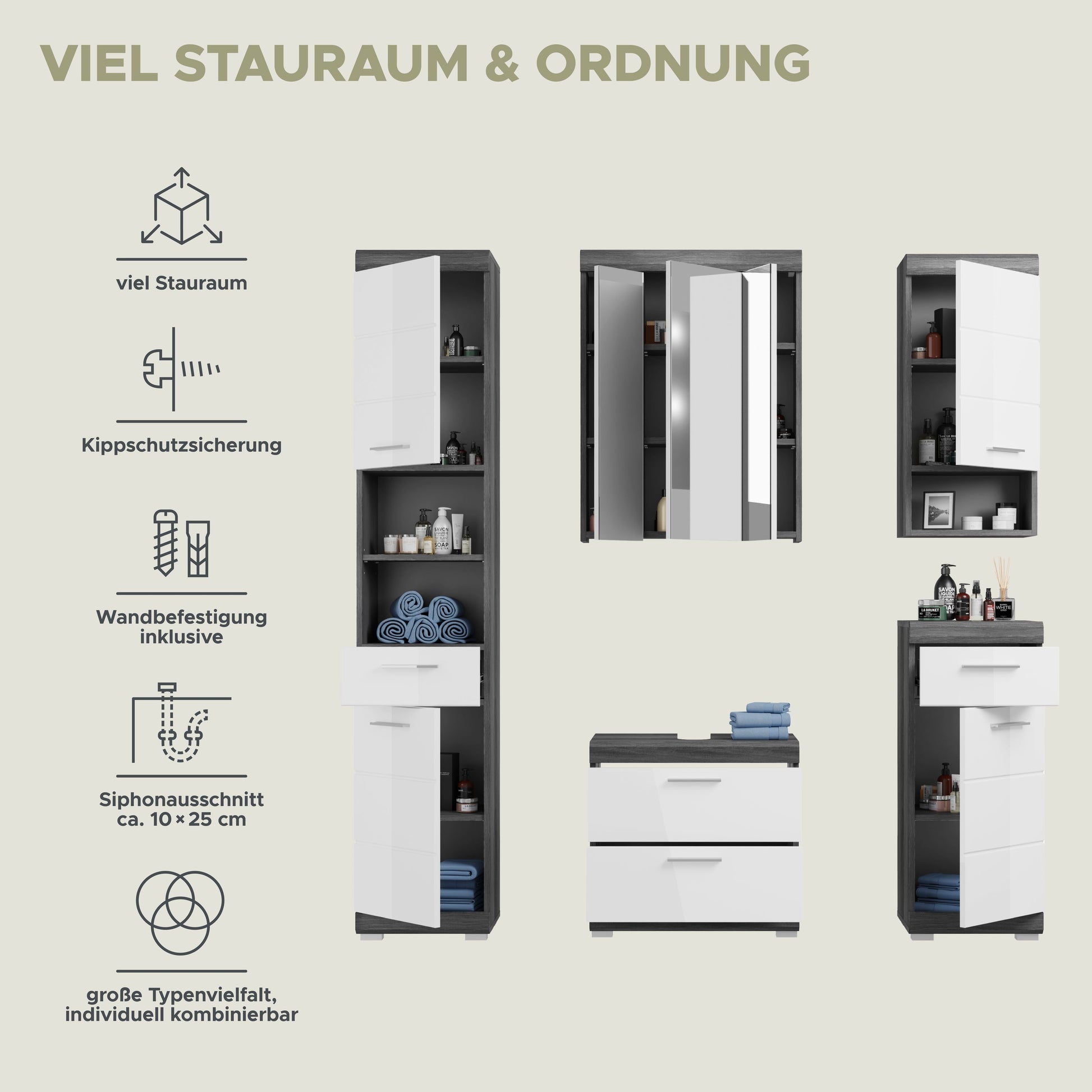Badmöbel-Set mit viel Stauraum: hohe Schränke, Türen und Einlegefächer