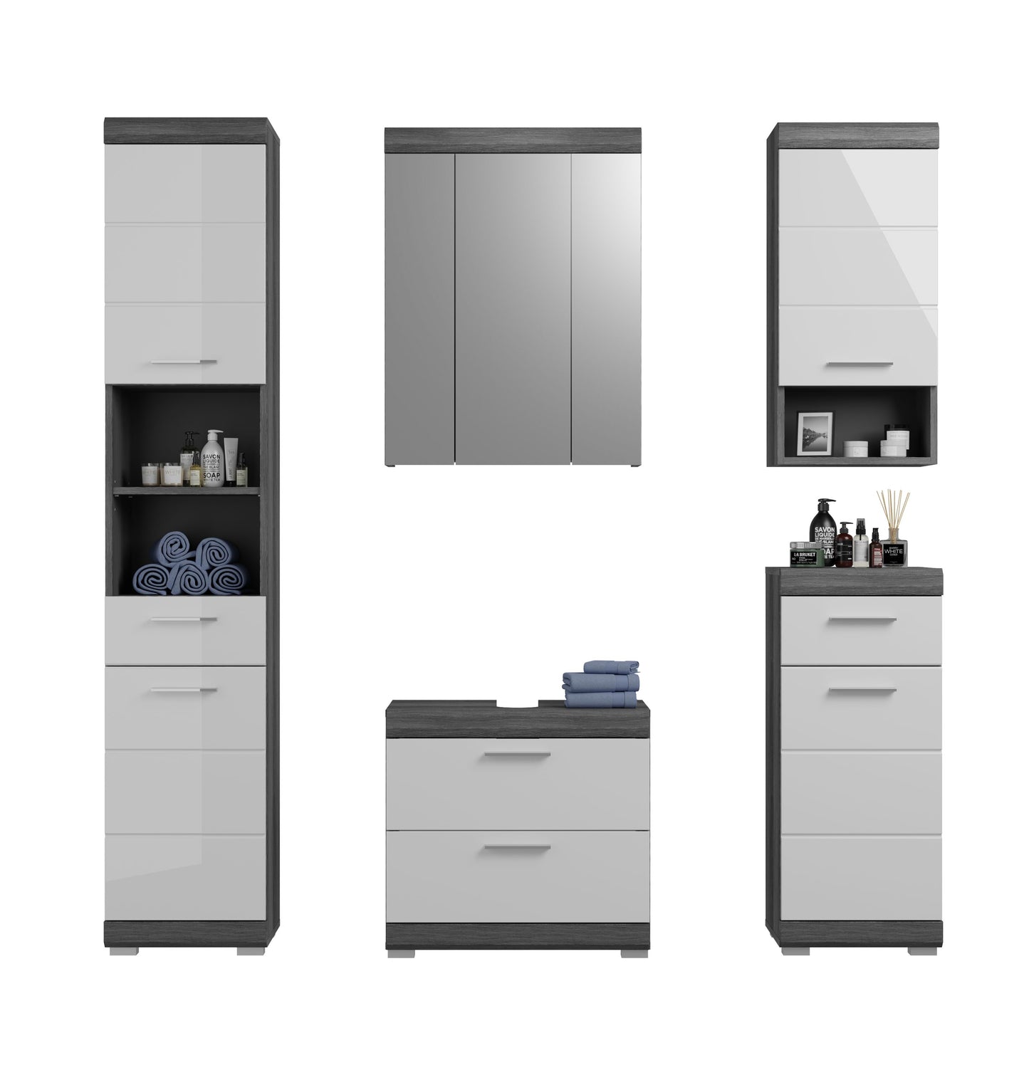 Badezimmerset mit Hochschrank, Waschtisch und Spiegelschrank: Schubladenfronten