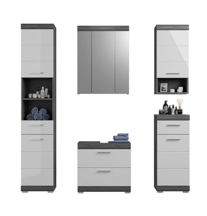 Badezimmerset mit Hochschrank, Waschtisch und Spiegelschrank: Schubladenfronten