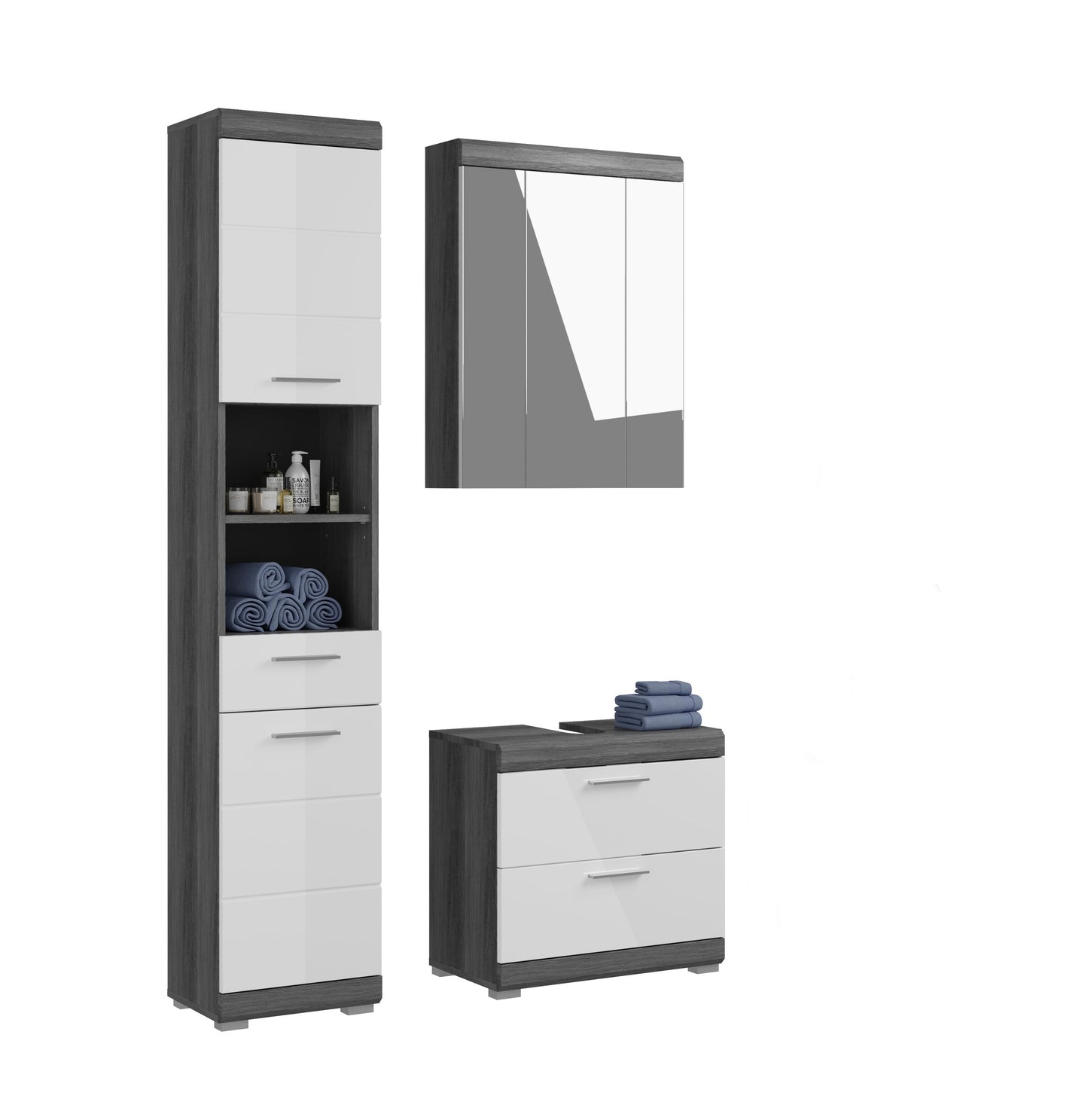 Badezimmerset mit Hochschrank, Spiegel und Waschtischunterschrank, anthrazit und weiß