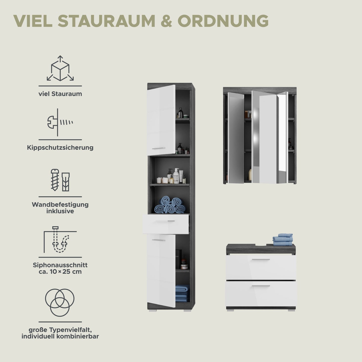 Infografik mit Badezimmerset-Elementen: Hochschrank und Waschtisch, weiß mit anthrazit