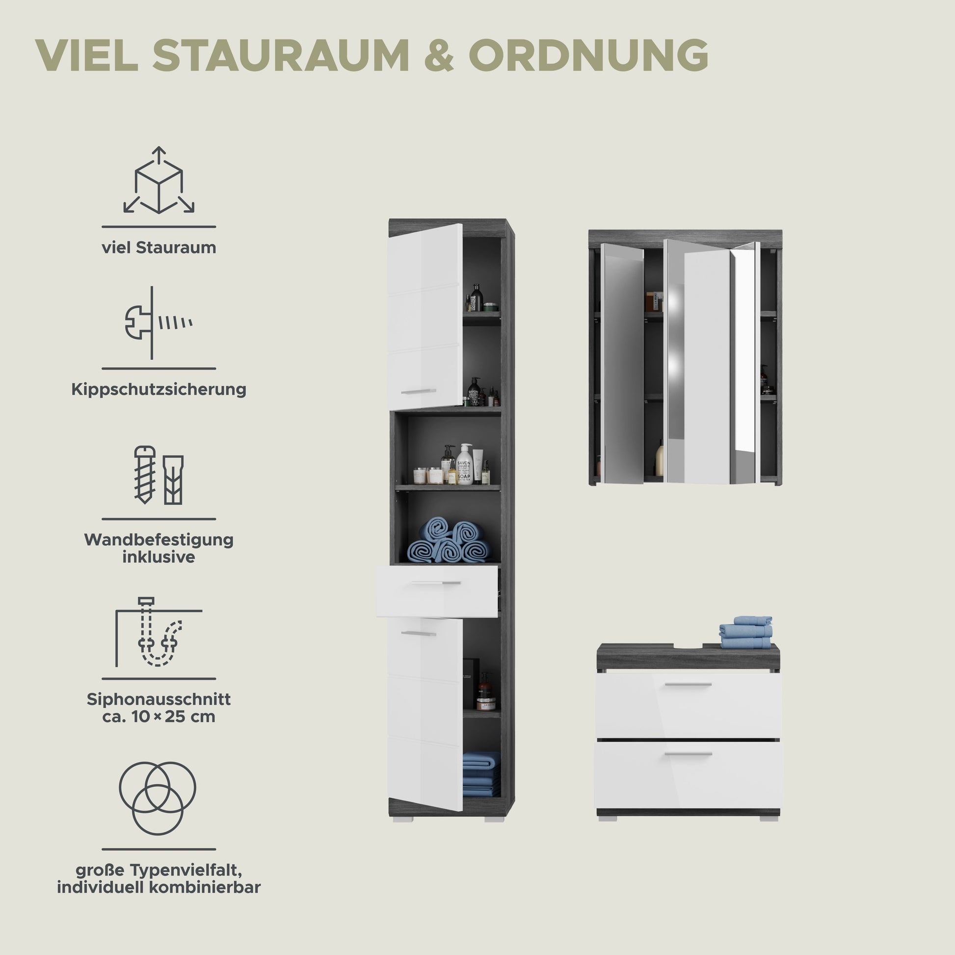 Infografik mit Badezimmerset-Elementen: Hochschrank und Waschtisch, weiß mit anthrazit