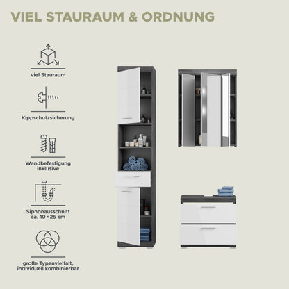 Infografik mit Badezimmerset-Elementen: Hochschrank und Waschtisch, weiß mit anthrazit