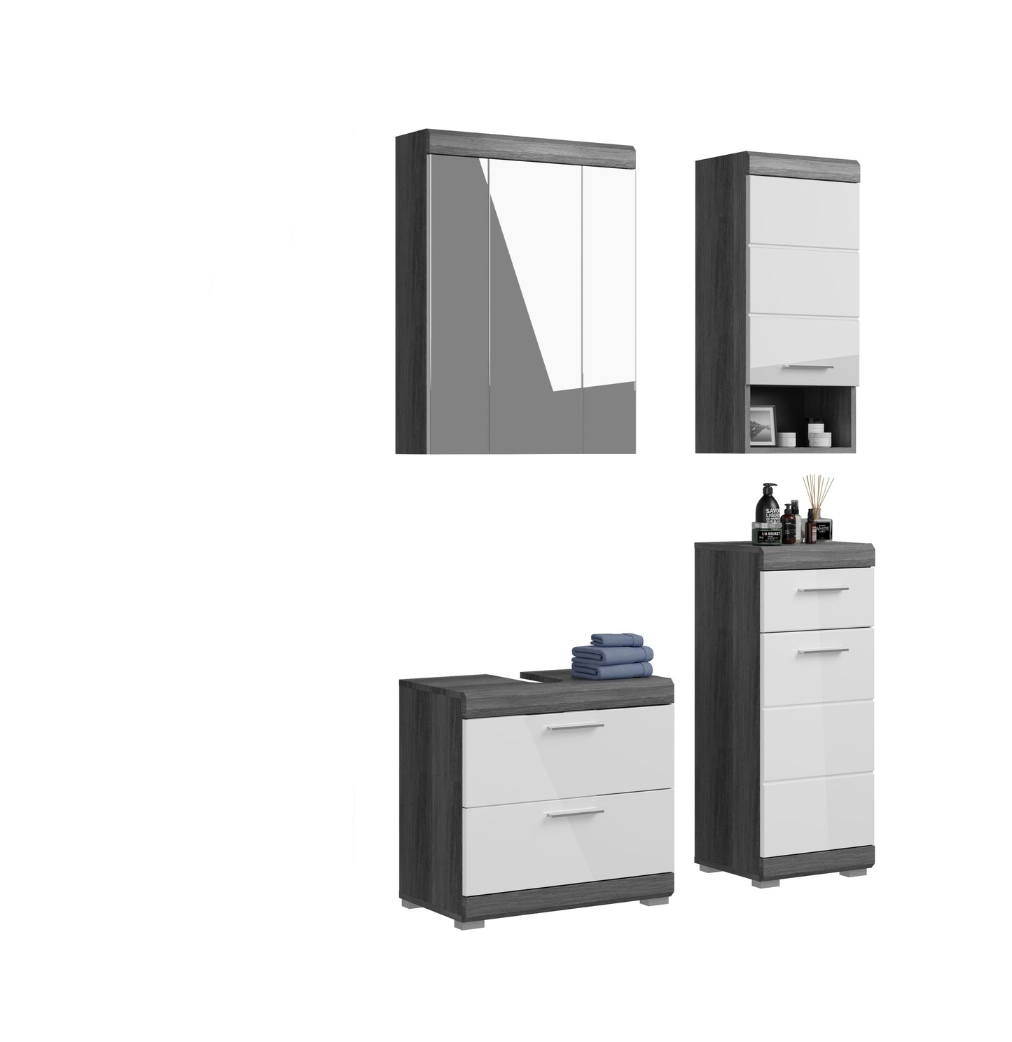 Badezimmerset mit Waschtischunterschrank, Spiegelschrank und Hochschrank