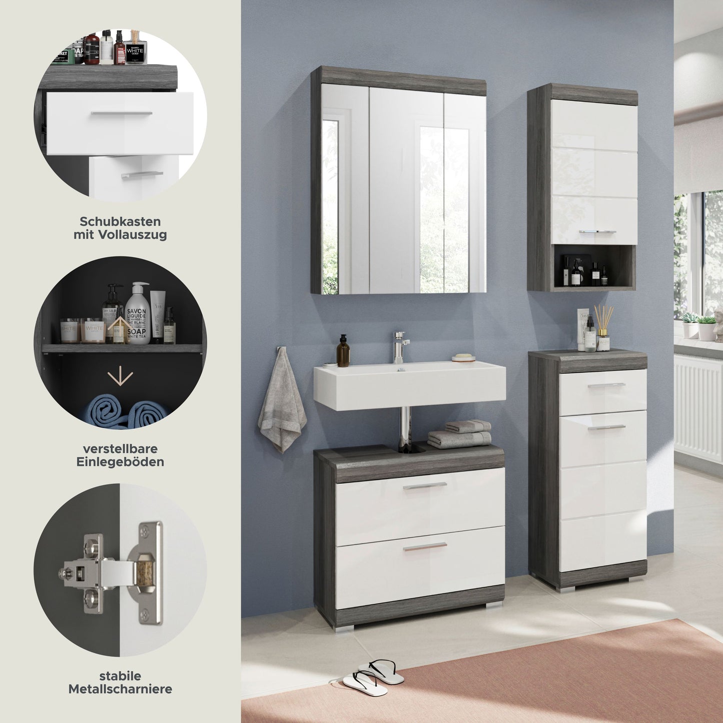 Badezimmerschrank-Set mit Schubkasten und verstellbarem Einlegeboden