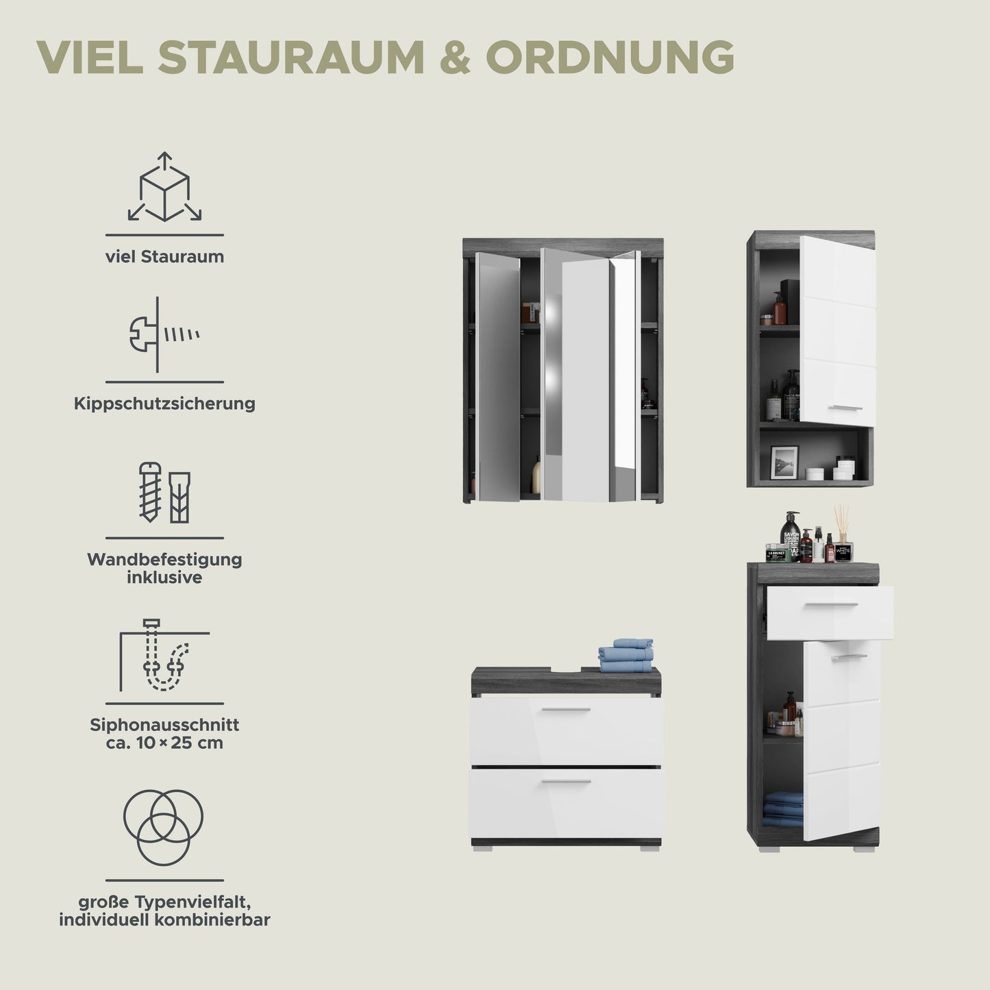 Badmöbel-Set mit Spiegelschrank, Hochschrank und Waschtischkommode