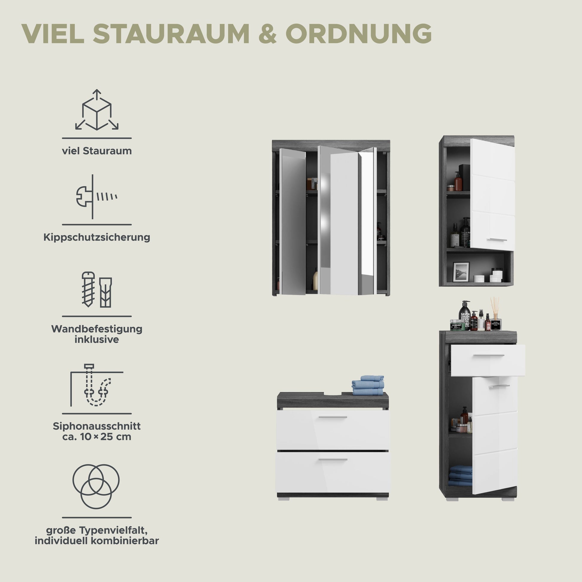 Badmöbel-Set mit Spiegelschrank, Hochschrank und Waschtischkommode