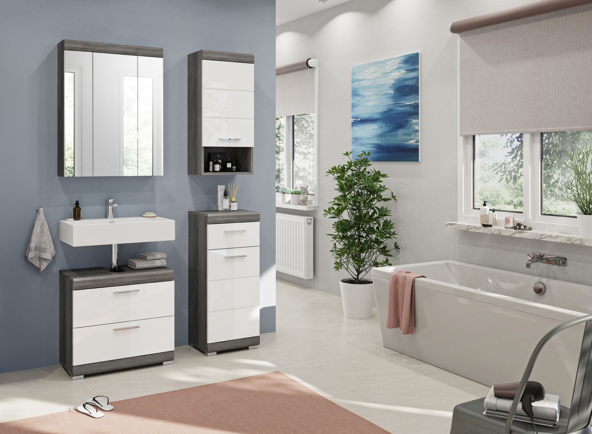 Badezimmerset mit Waschtisch-Kommode, Spiegelschrank und Hochschrank im Set
