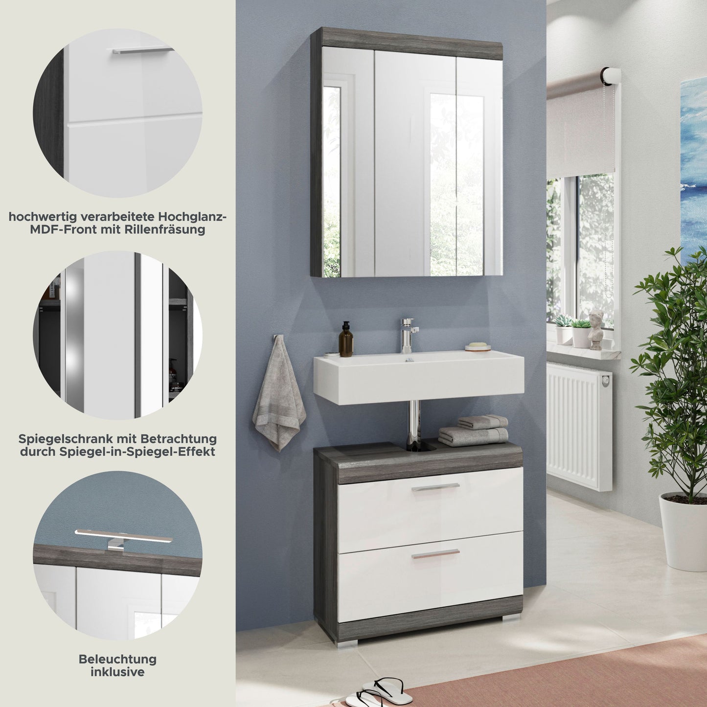 Badezimmerset mit Spiegelschrank und Waschtischunterschrank in Weiß und hellem Holzdekor