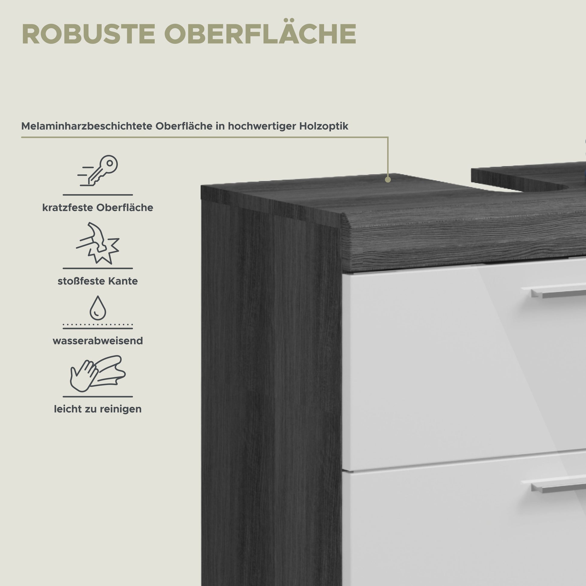 Infografik zur Oberfläche: robust, kratzfest, wasserabweisend und leicht zu reinigen